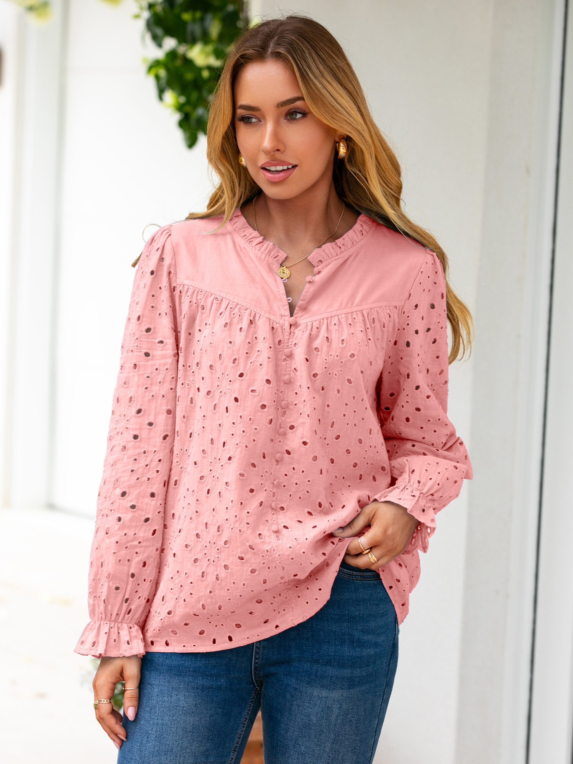 Eyelet Lace Puff Sleeve Button Down Blouse