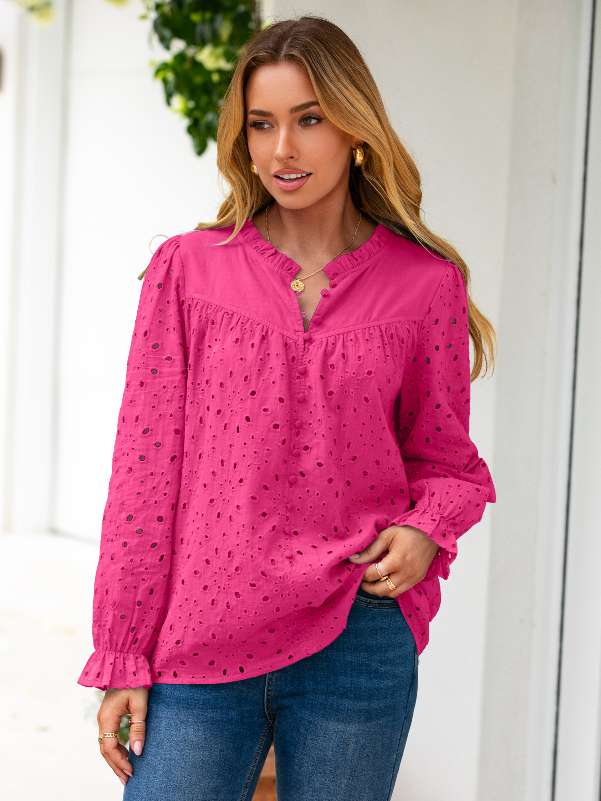 Eyelet Lace Puff Sleeve Button Down Blouse
