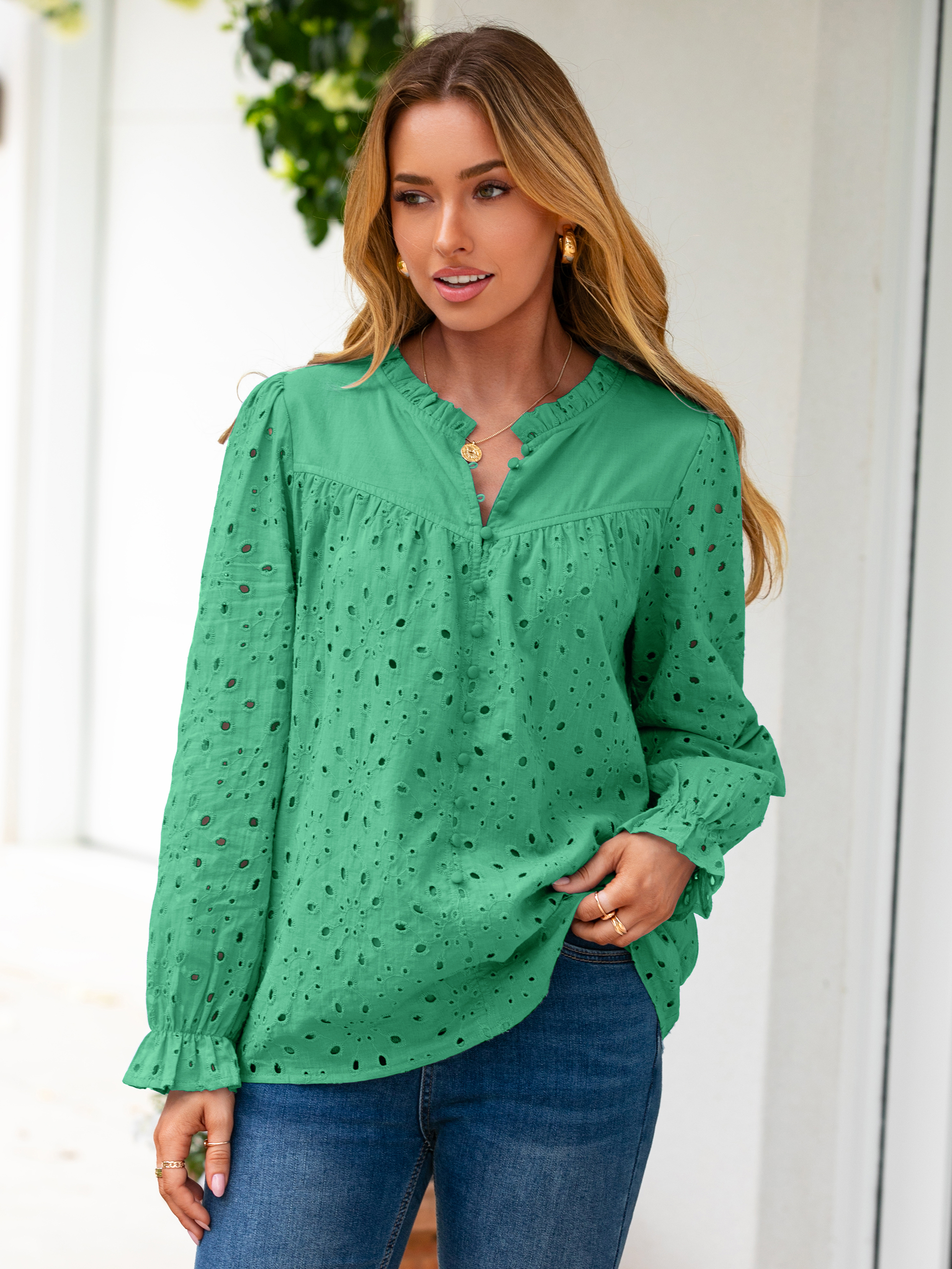 Eyelet Lace Puff Sleeve Button Down Blouse