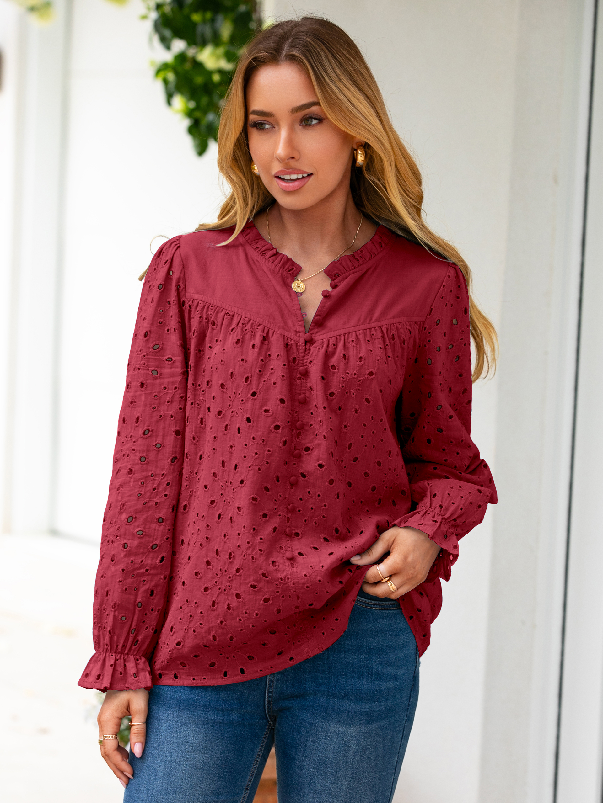 Eyelet Lace Puff Sleeve Button Down Blouse