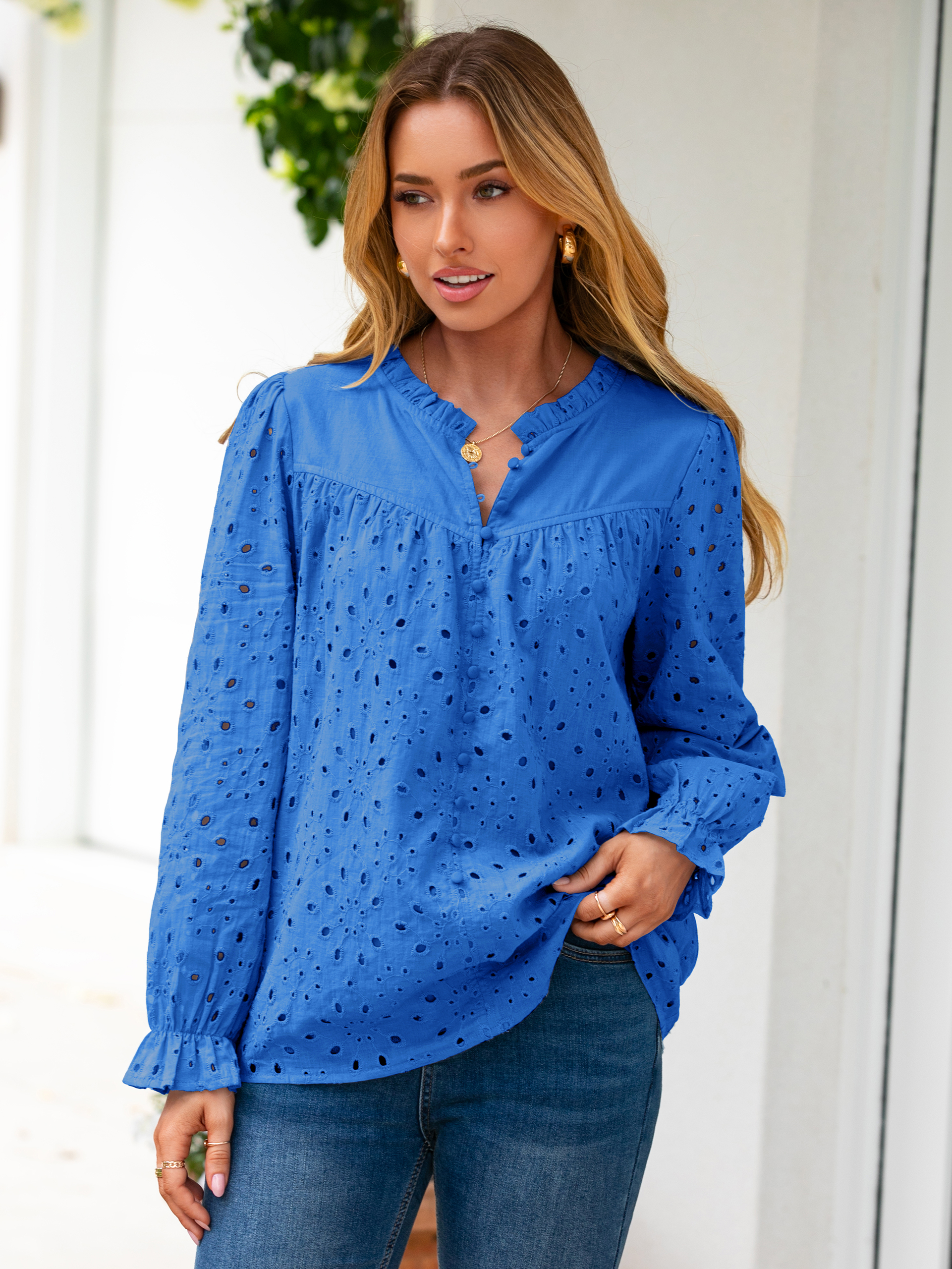 Eyelet Lace Puff Sleeve Button Down Blouse