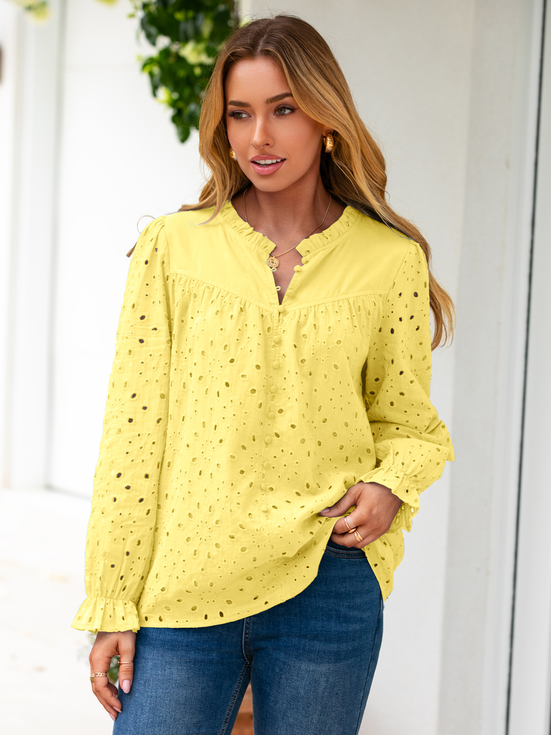 Eyelet Lace Puff Sleeve Button Down Blouse