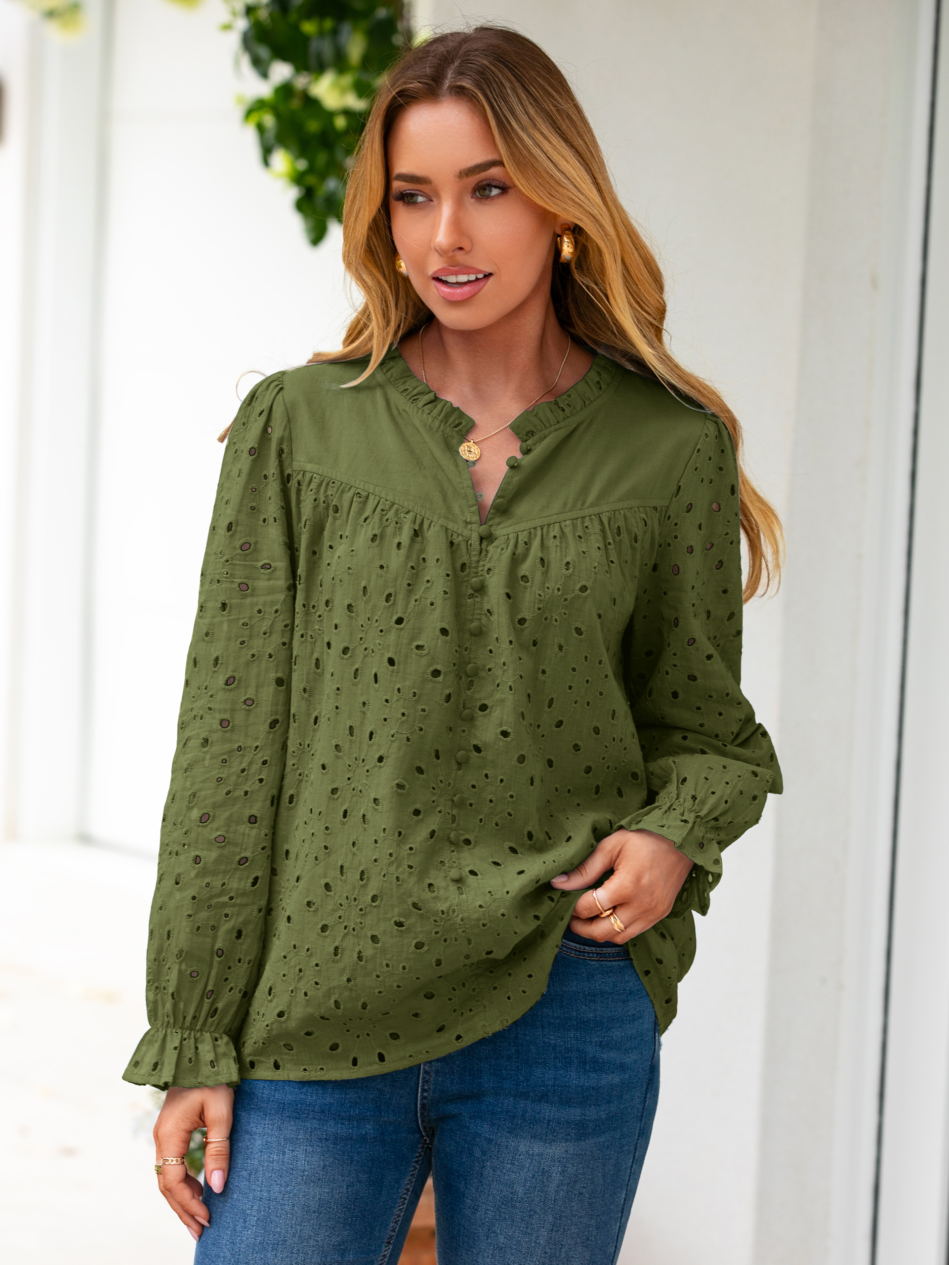 Eyelet Lace Puff Sleeve Button Down Blouse