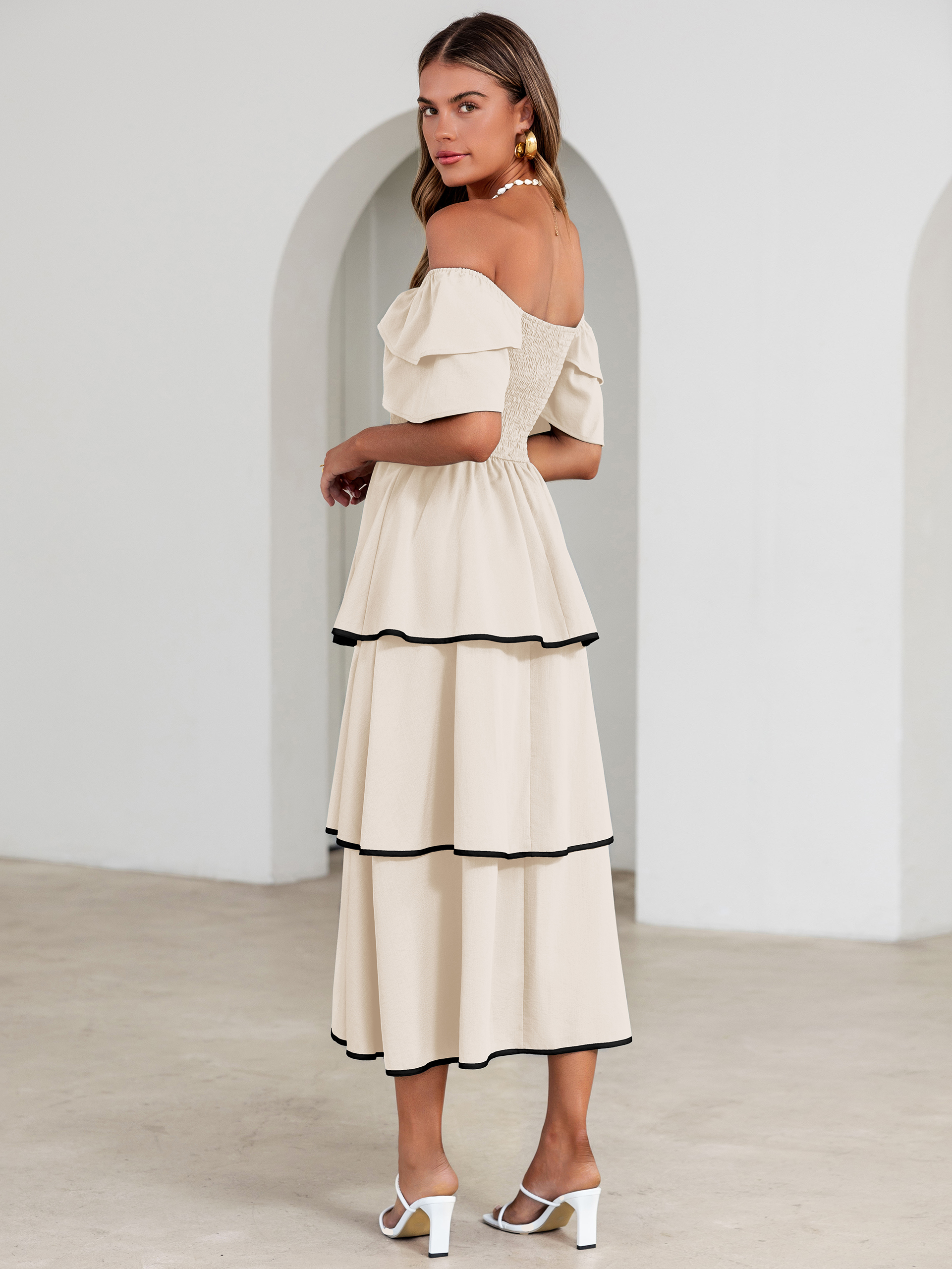 Ruched Off Shoulder Tiered Maxi Dress - Apricot