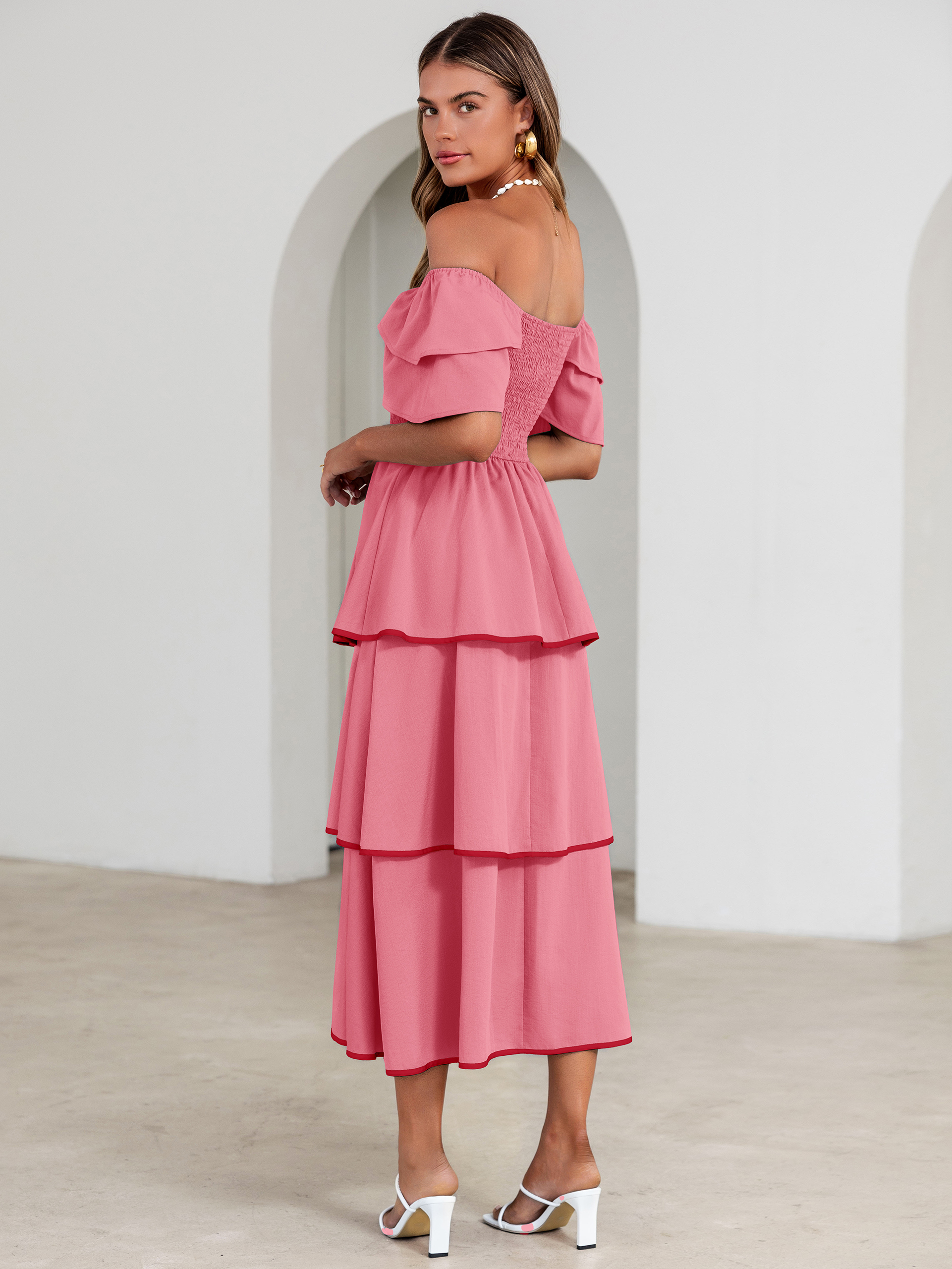 Ruched Off Shoulder Tiered Maxi Dress - Rose Pink
