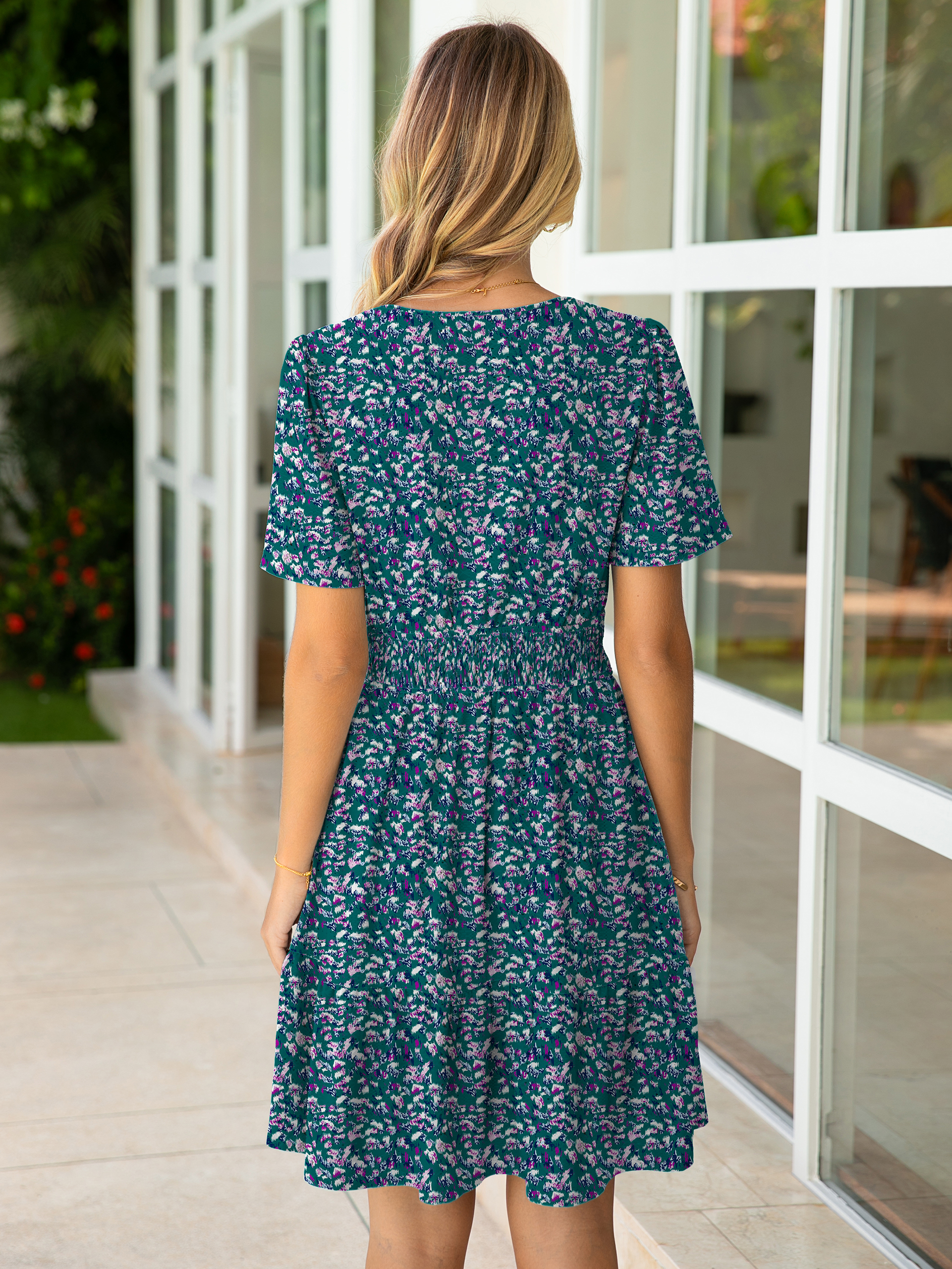 Floral V Neck Elastic Waist Tiered Mini Dress