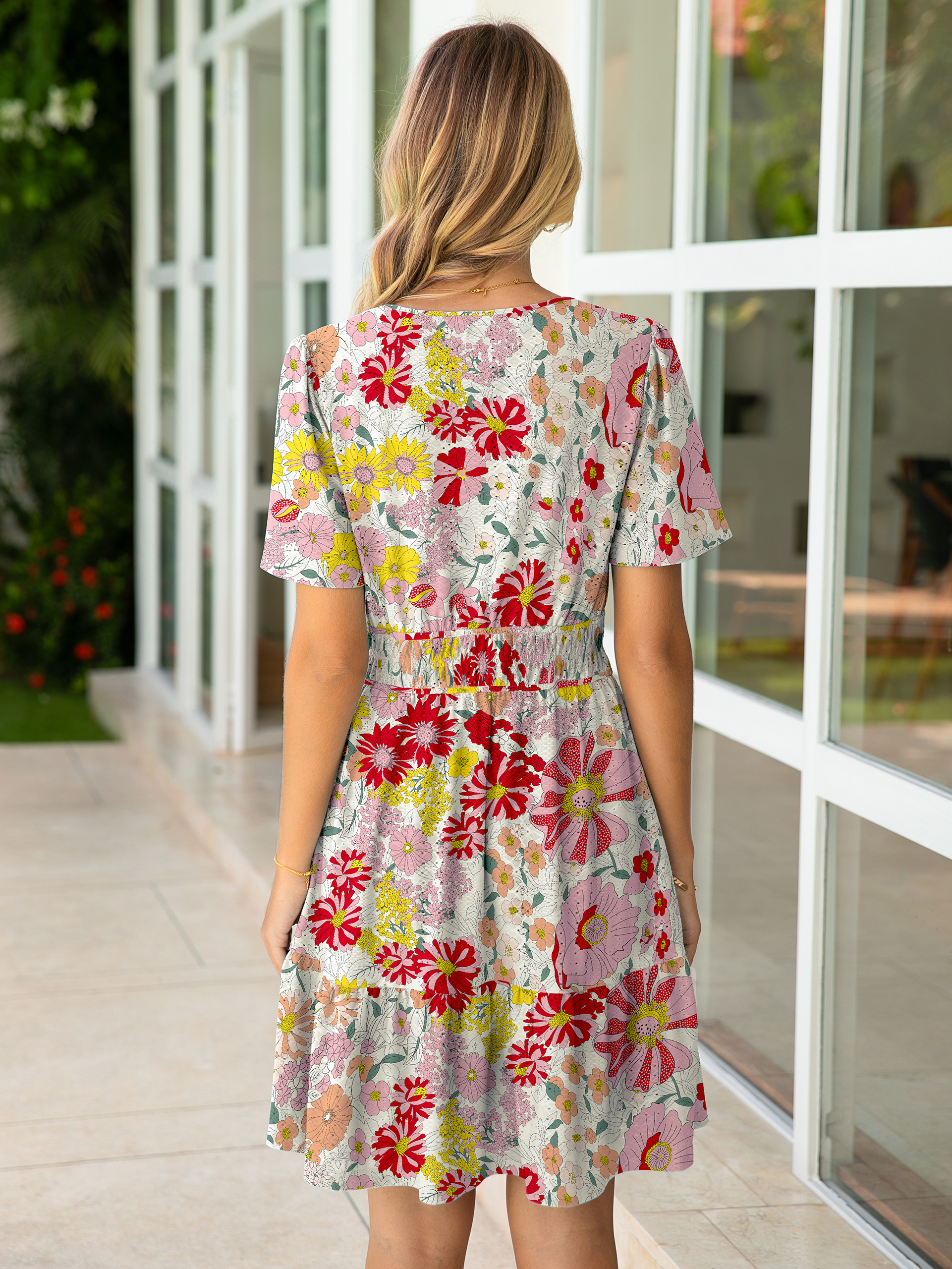 Floral V Neck Elastic Waist Tiered Mini Dress