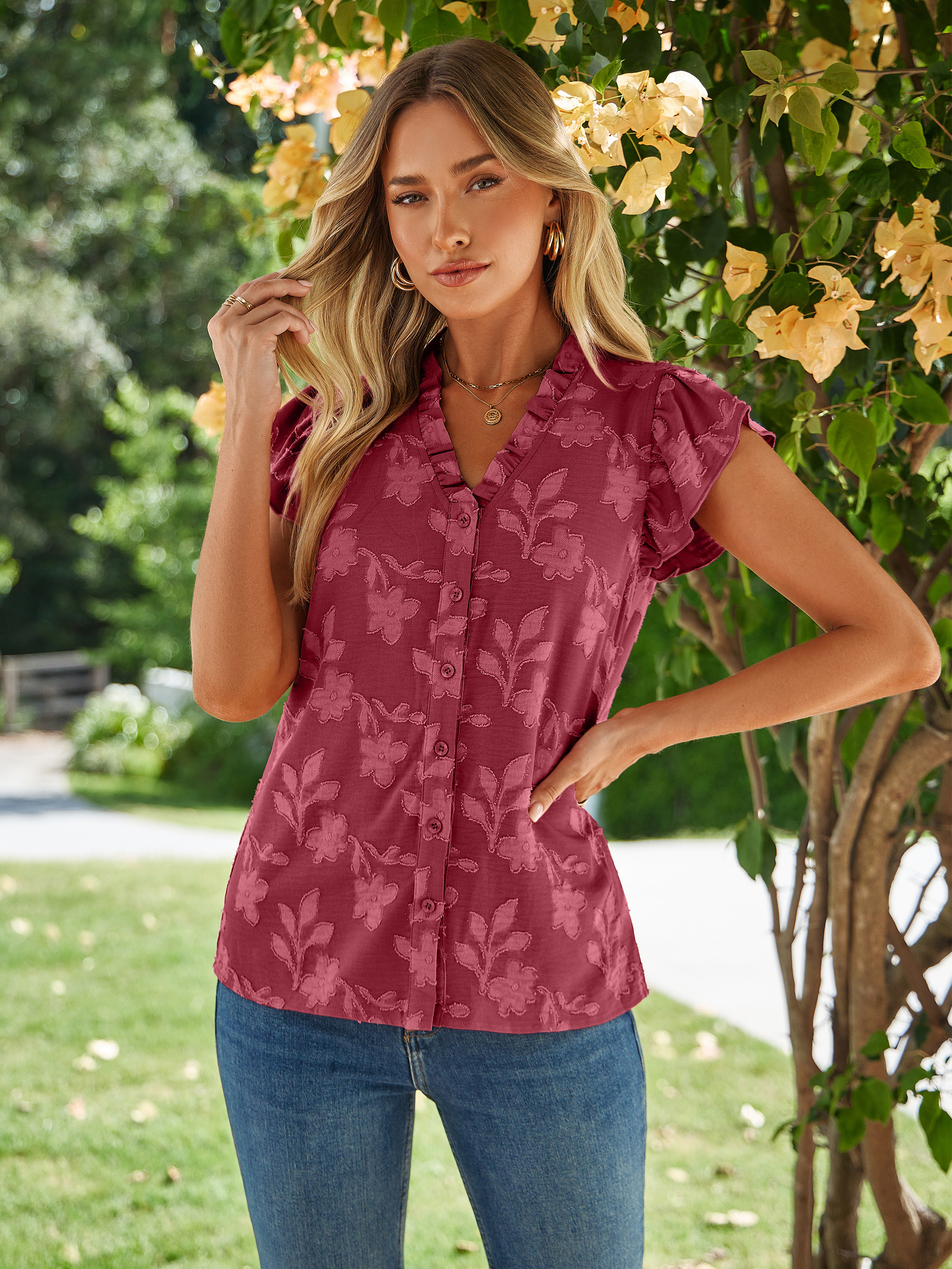 Floral V Neck Ruffle Sleeve Button Down Blouse