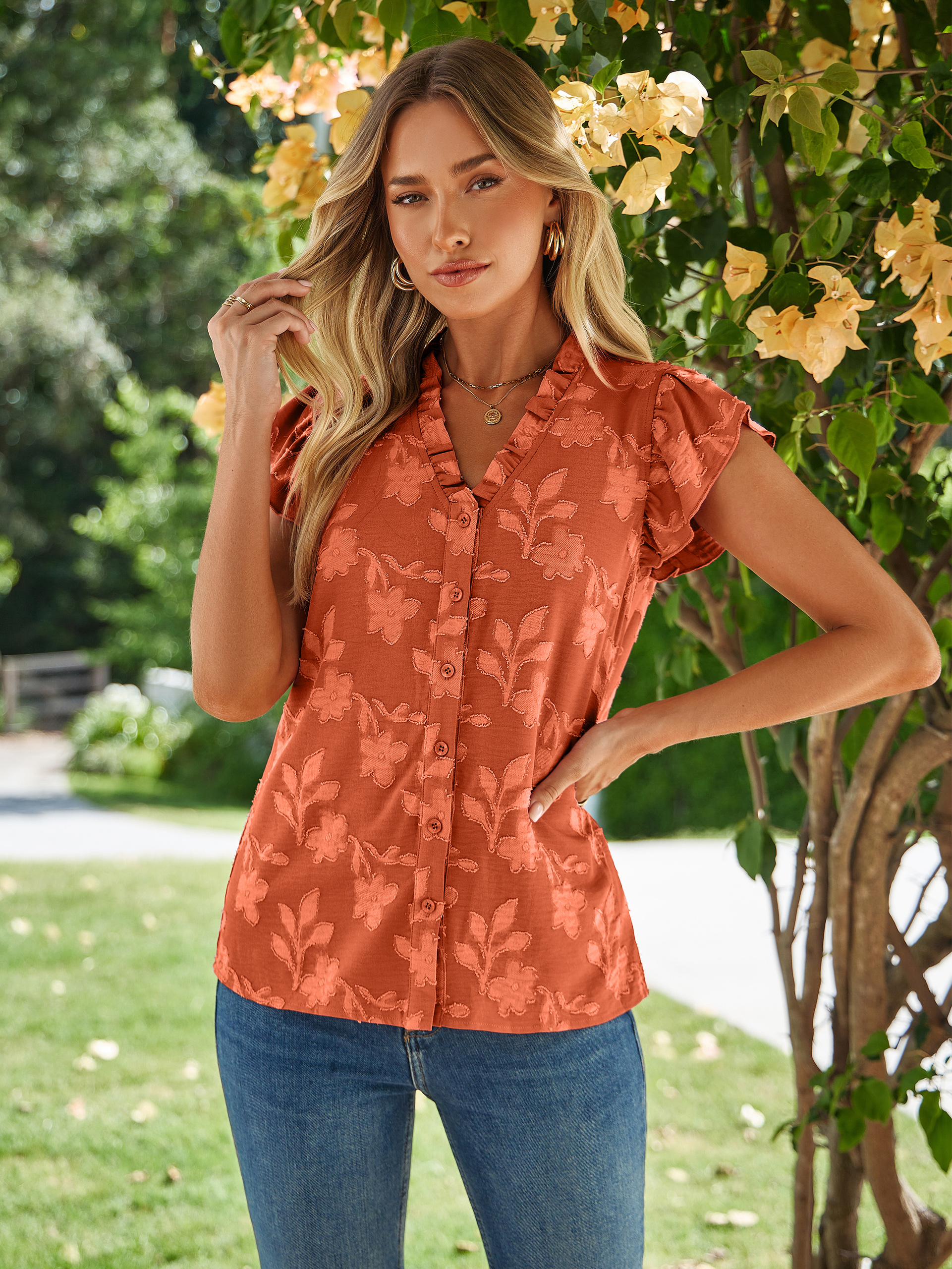Floral V Neck Ruffle Sleeve Button Down Blouse