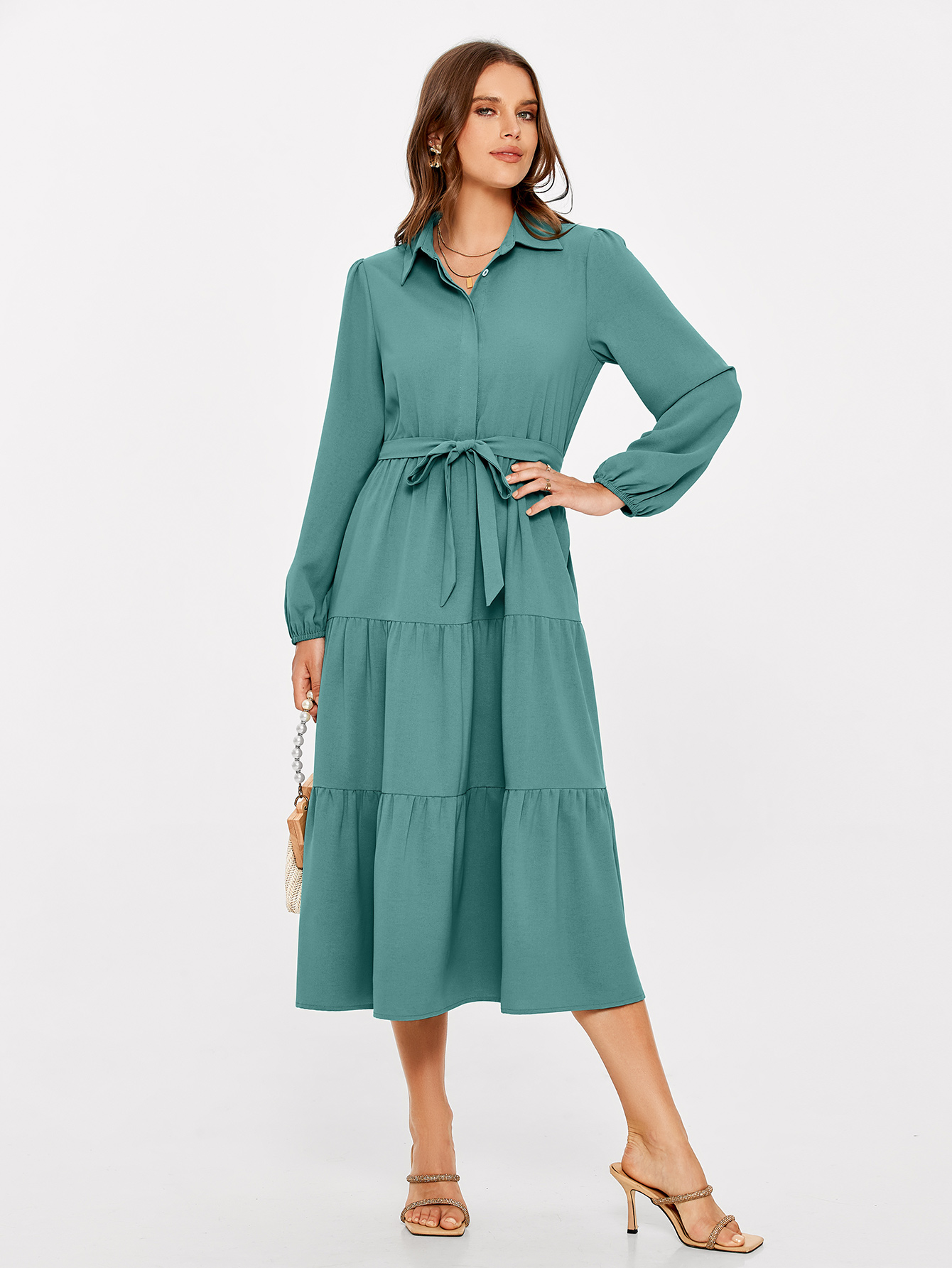 Button Up Lantern Sleeve Flowy Maxi Dress