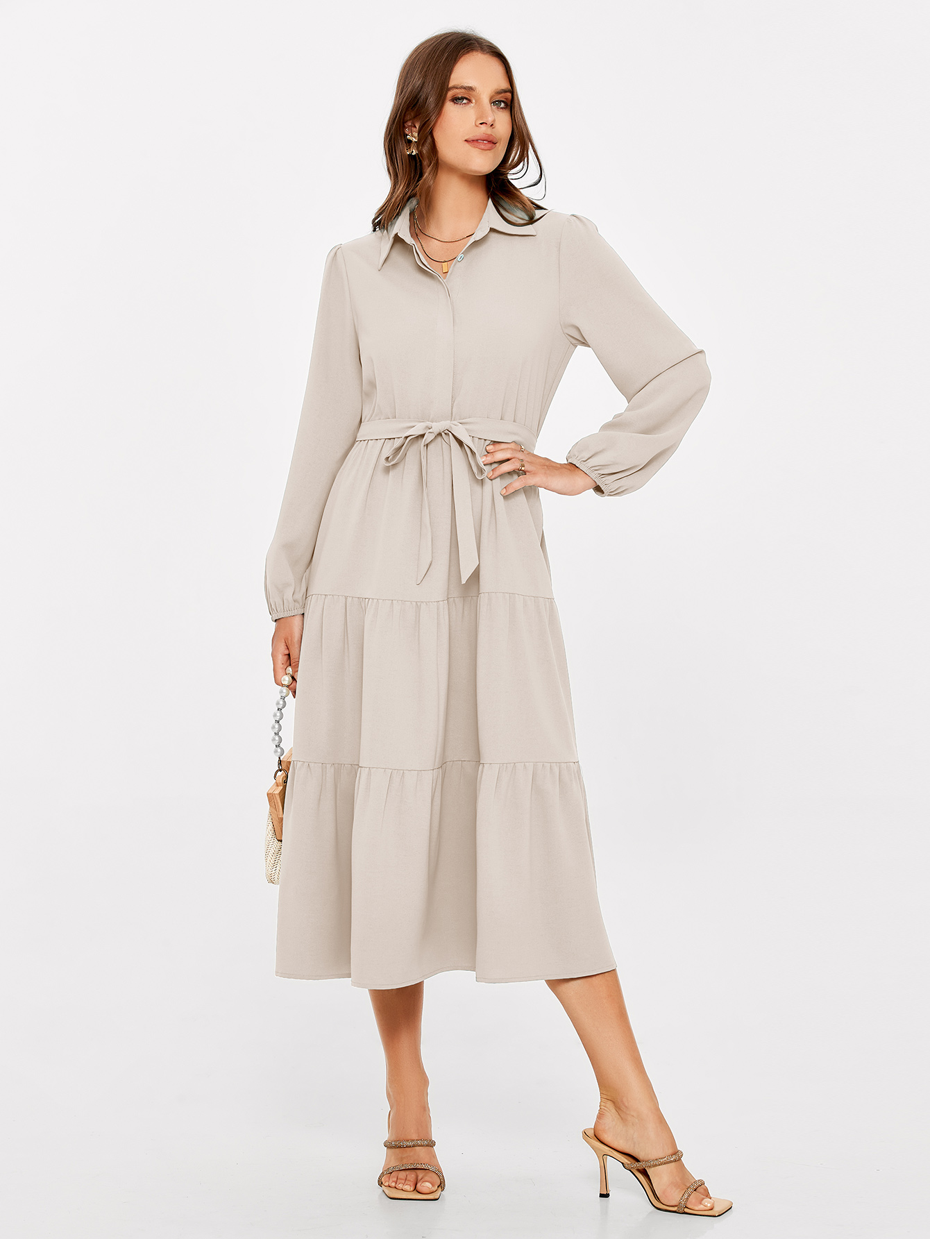 Button Up Lantern Sleeve Flowy Maxi Dress