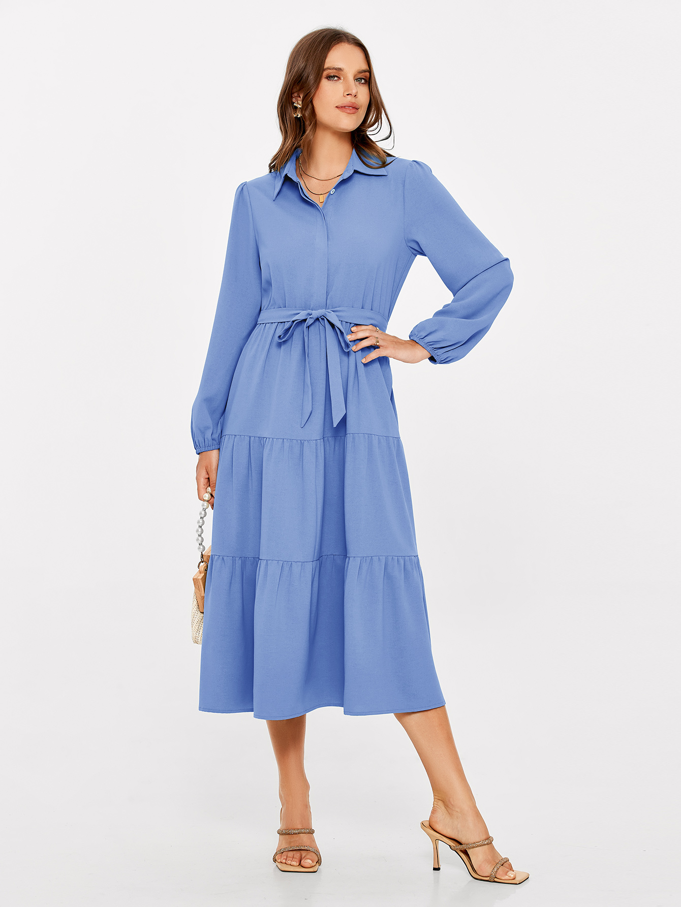 Button Up Lantern Sleeve Flowy Maxi Dress