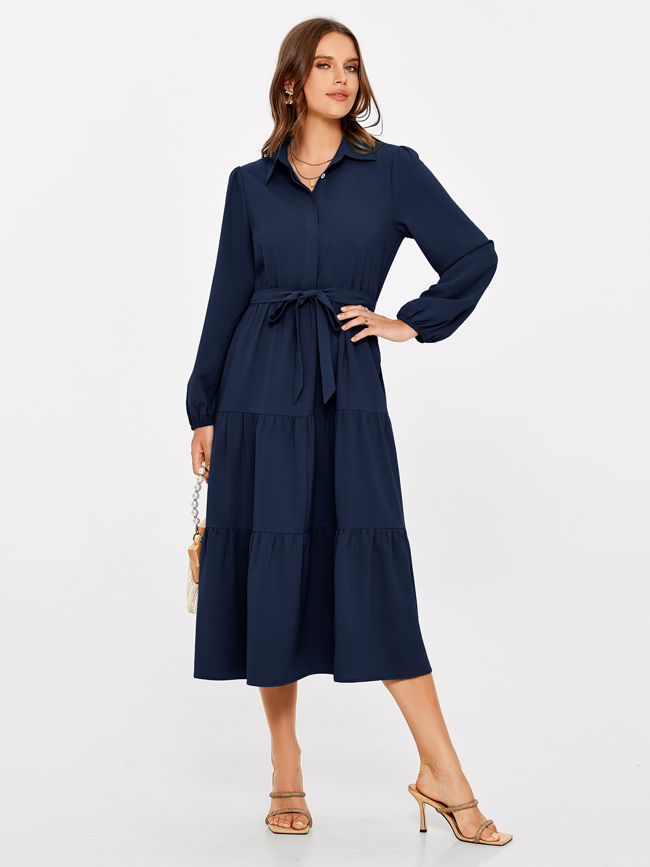 Button Up Lantern Sleeve Flowy Maxi Dress