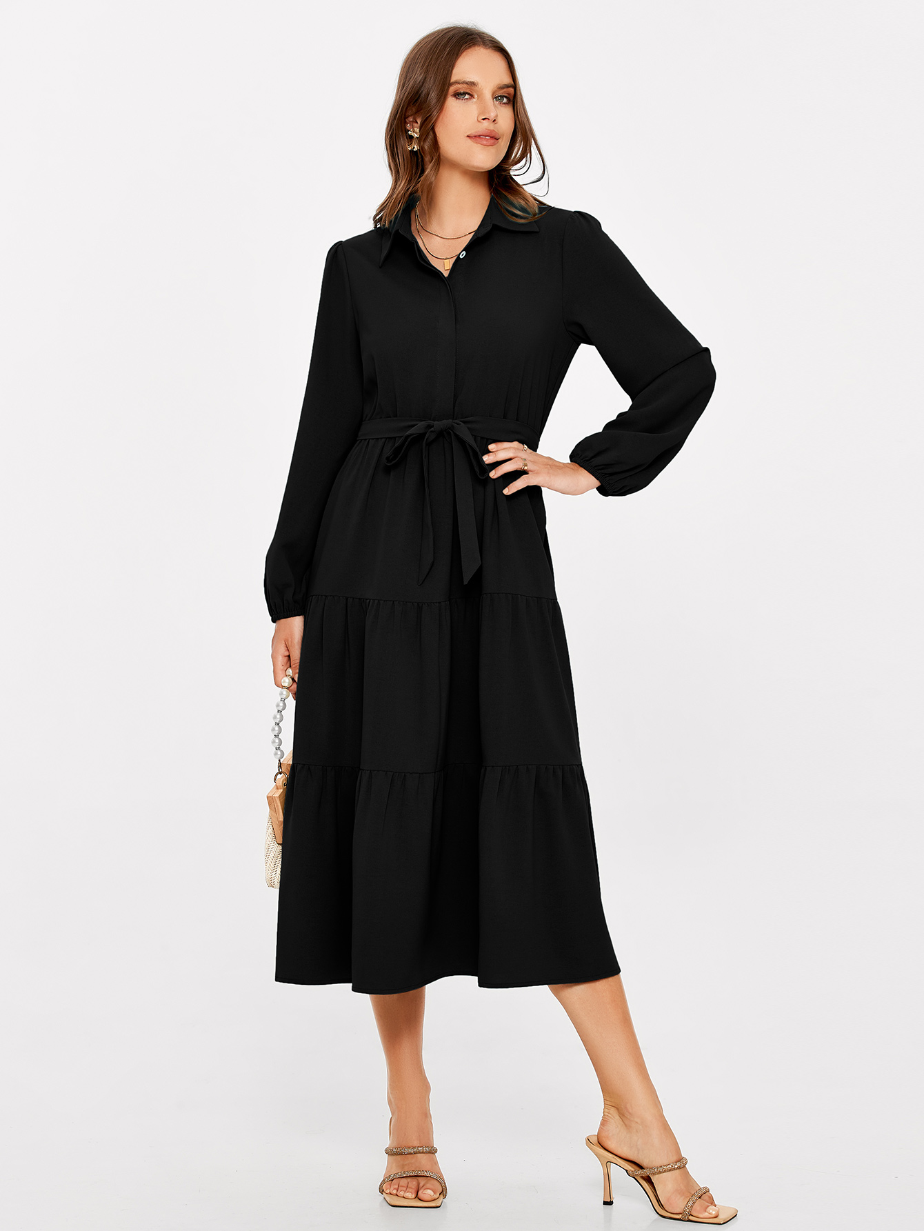 Button Up Lantern Sleeve Flowy Maxi Dress