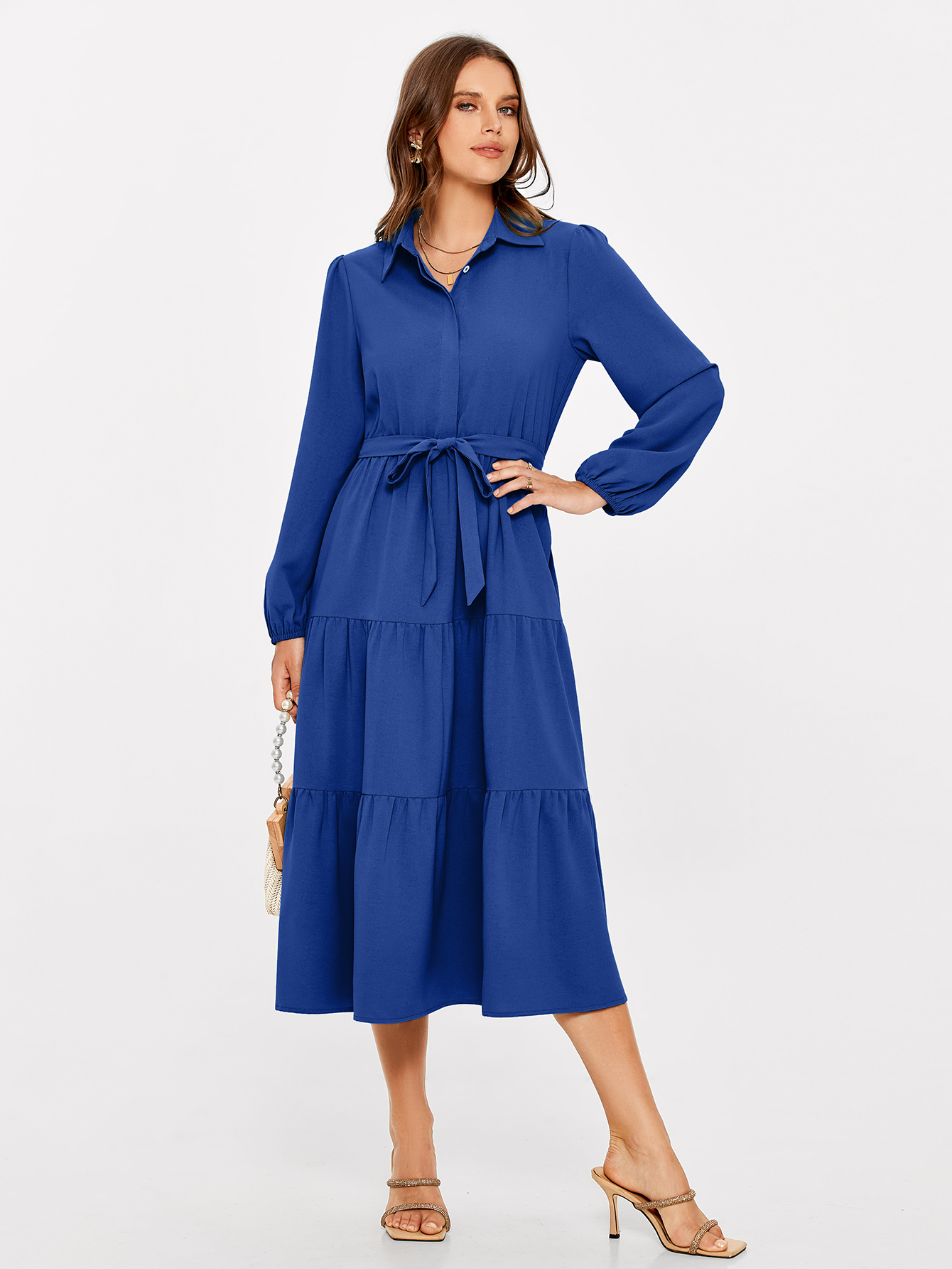Button Up Lantern Sleeve Flowy Maxi Dress