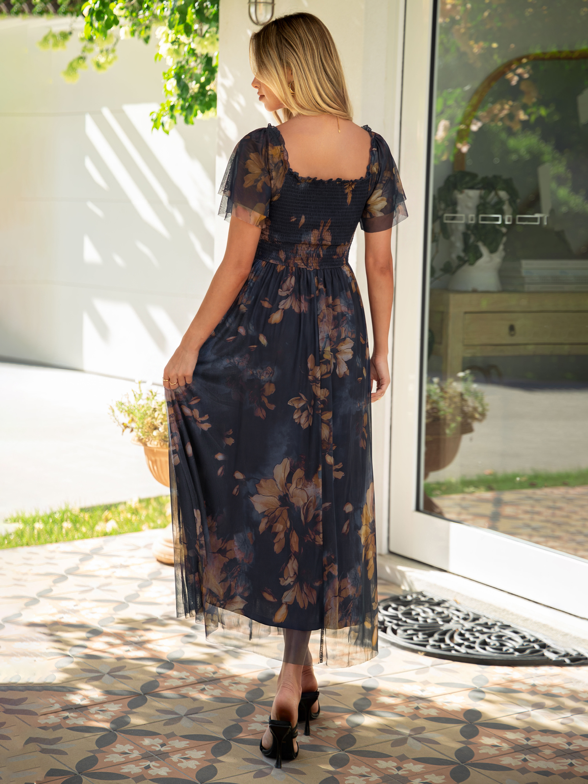 Floral Square Neck Smocked Flutter Sleeve Maxi Dress