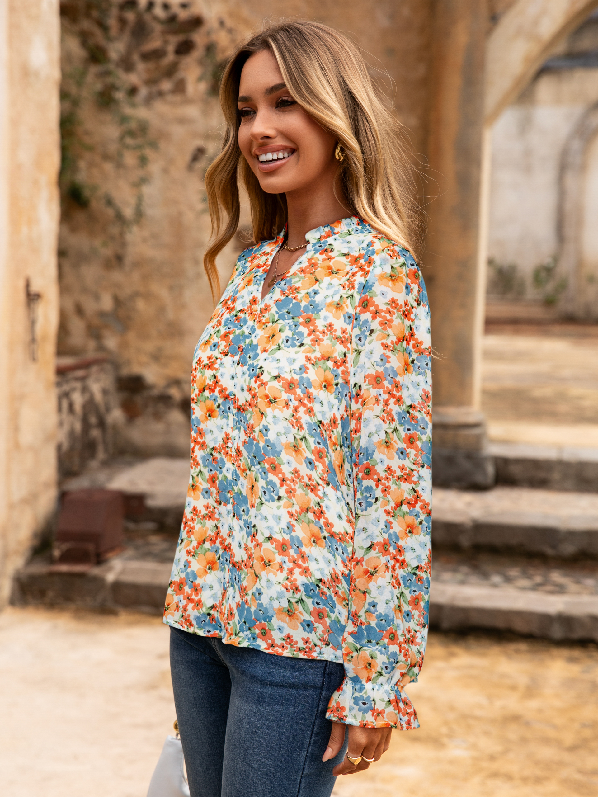 Floral V Neck Puff Sleeve Chiffon Blouse