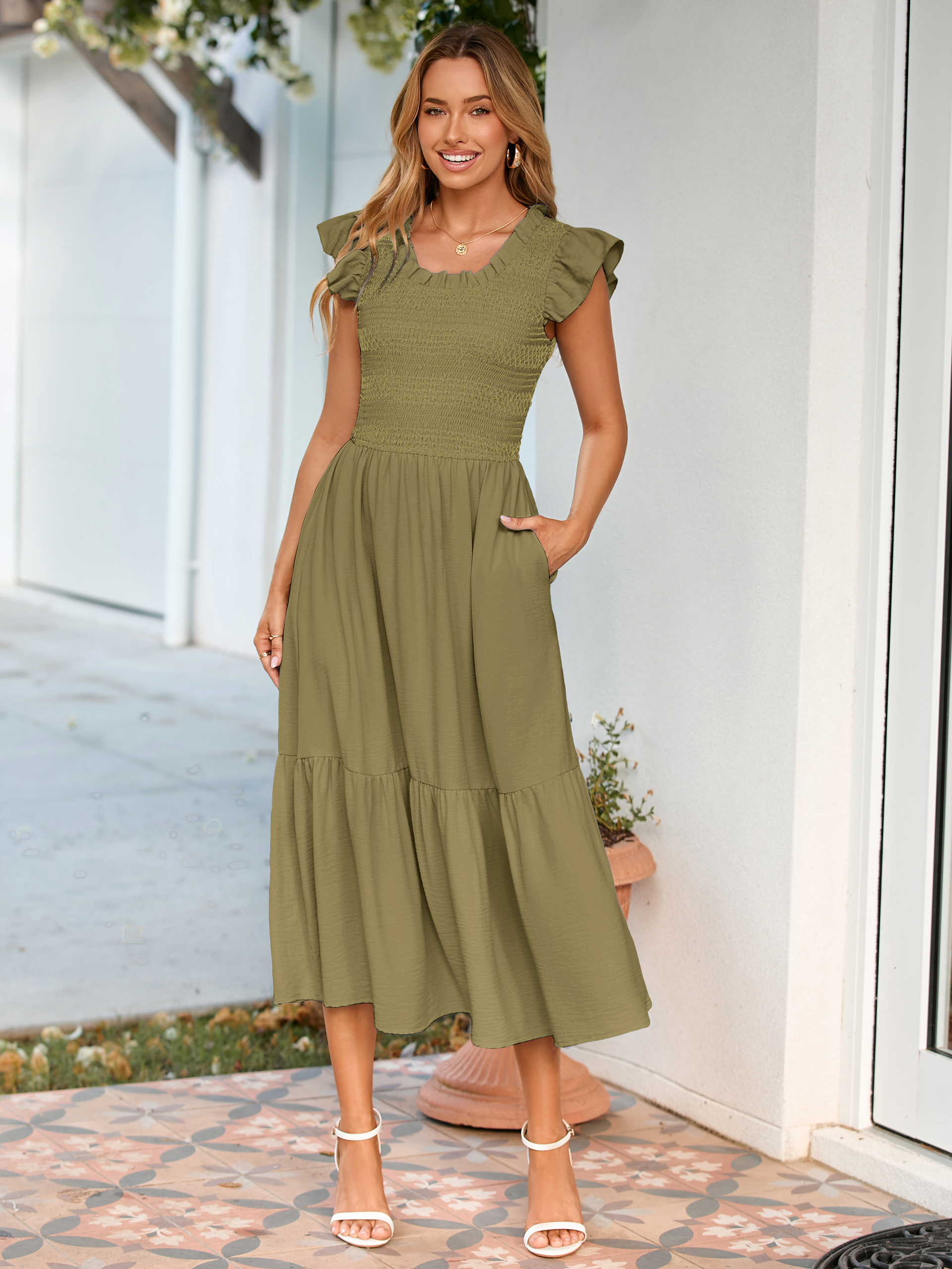 Flutter Sleeve Embroidered A Line Tiered Maxi Dress - Army Green