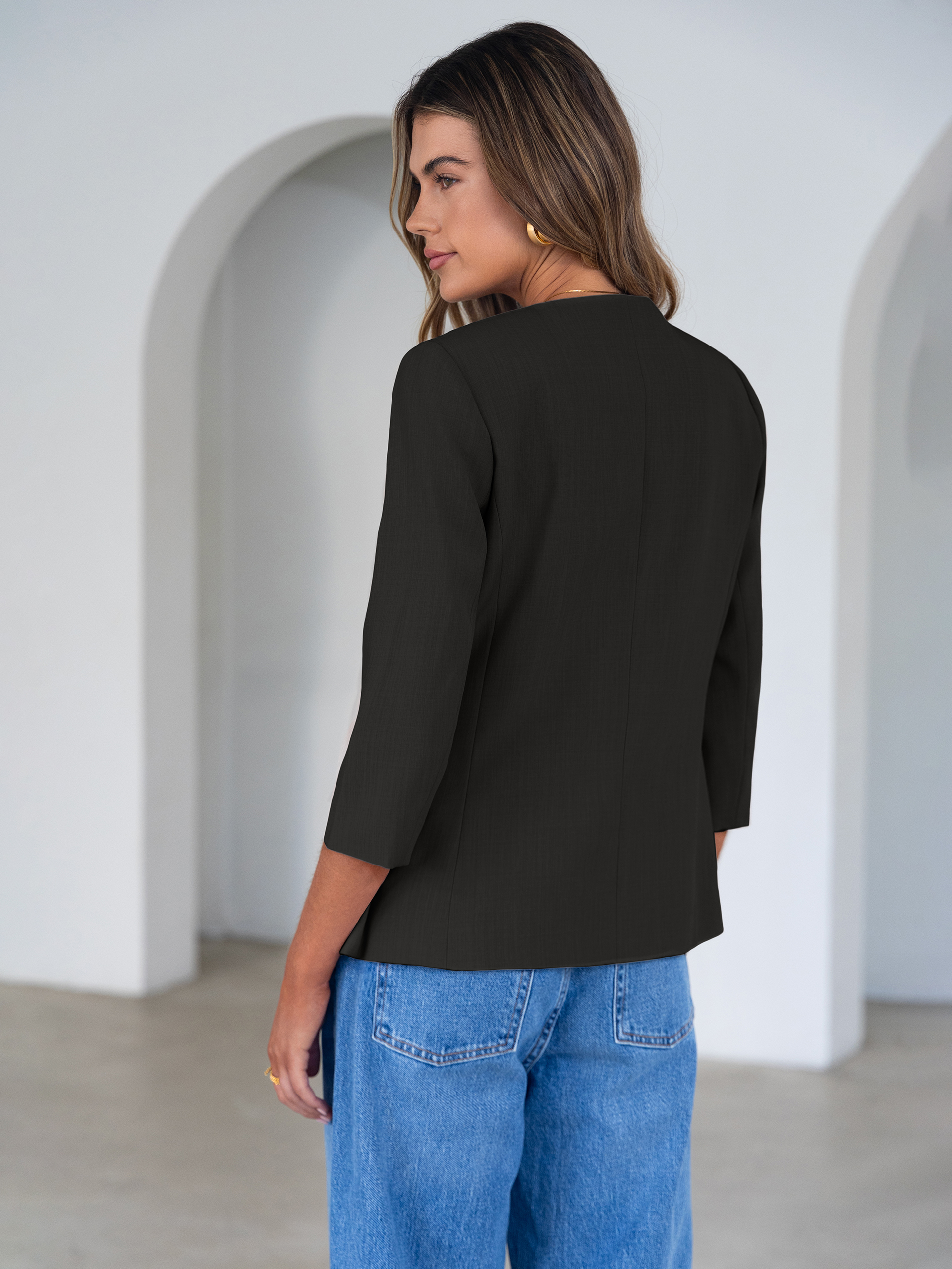 Round Neck Gold Button 3/4 Sleeve Peplum Blazer