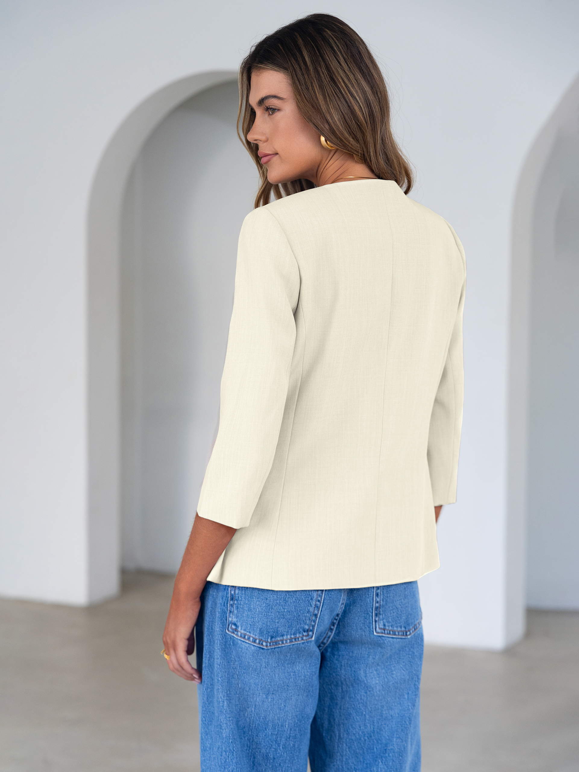 Round Neck Gold Button 3/4 Sleeve Peplum Blazer