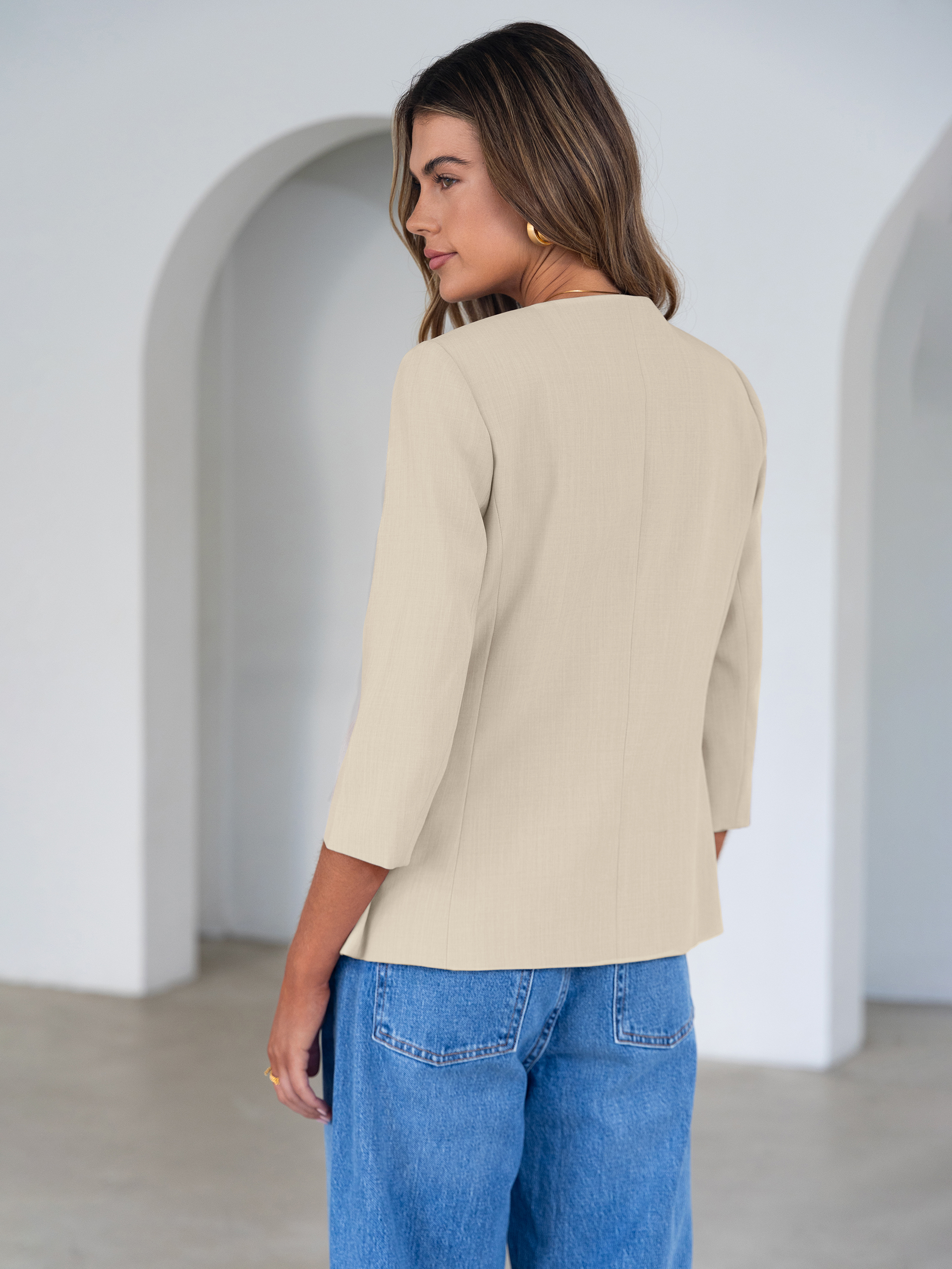 Round Neck Gold Button 3/4 Sleeve Peplum Blazer