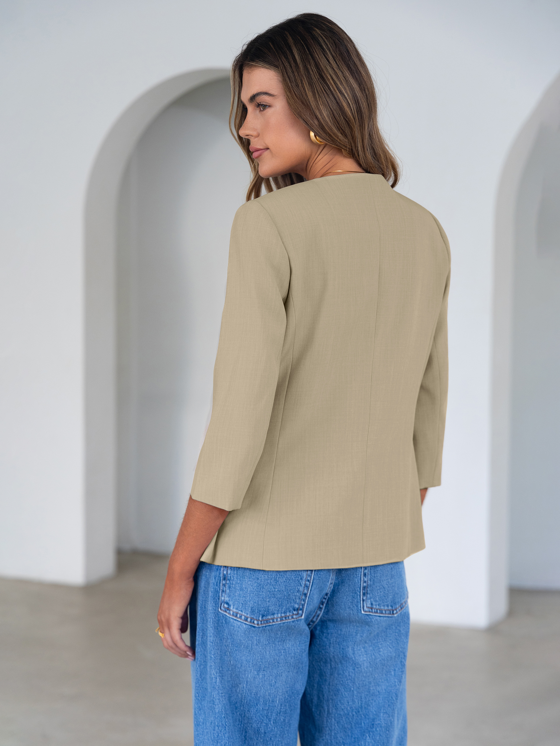 Round Neck Gold Button 3/4 Sleeve Peplum Blazer