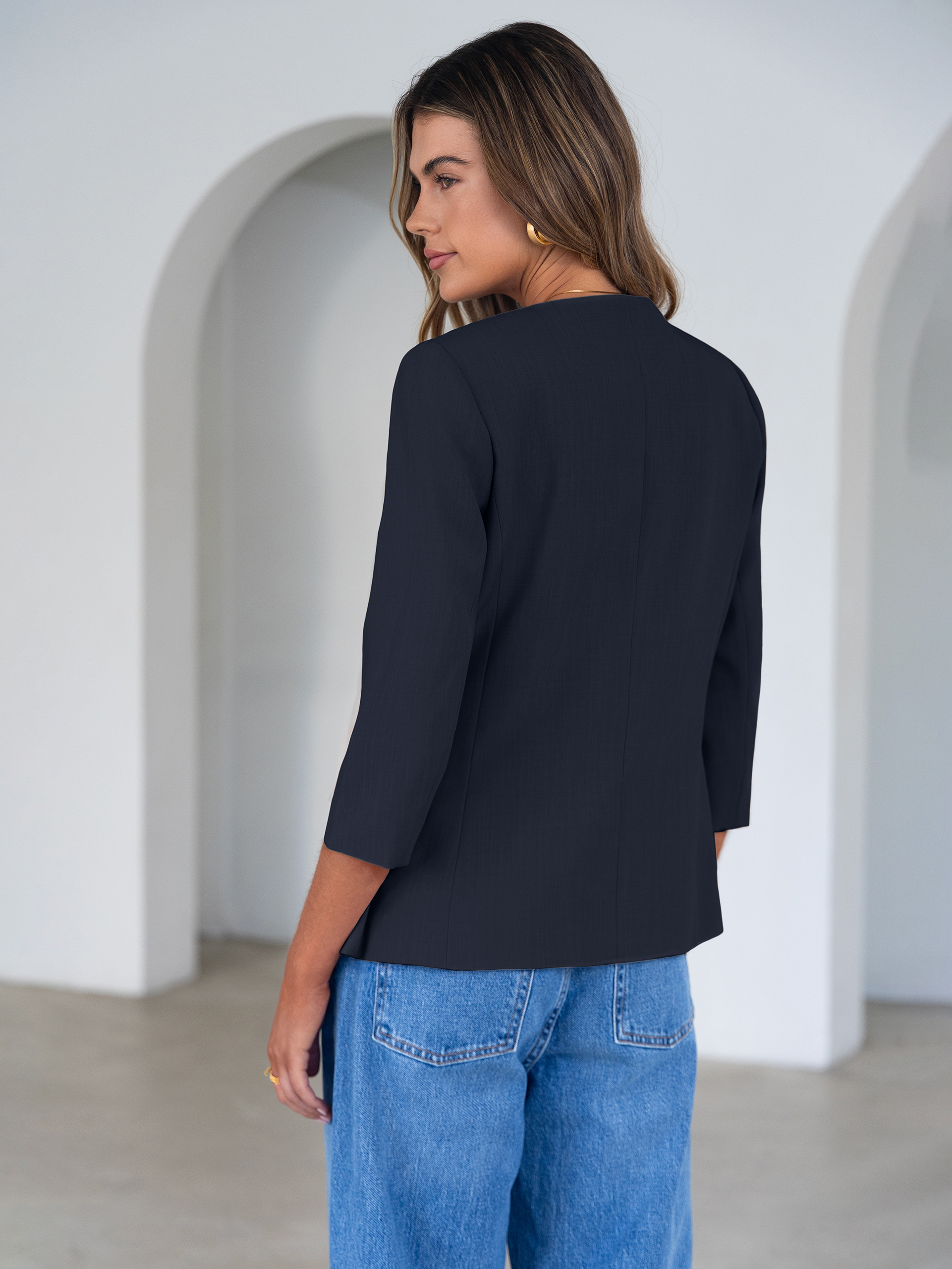 Round Neck Gold Button 3/4 Sleeve Peplum Blazer