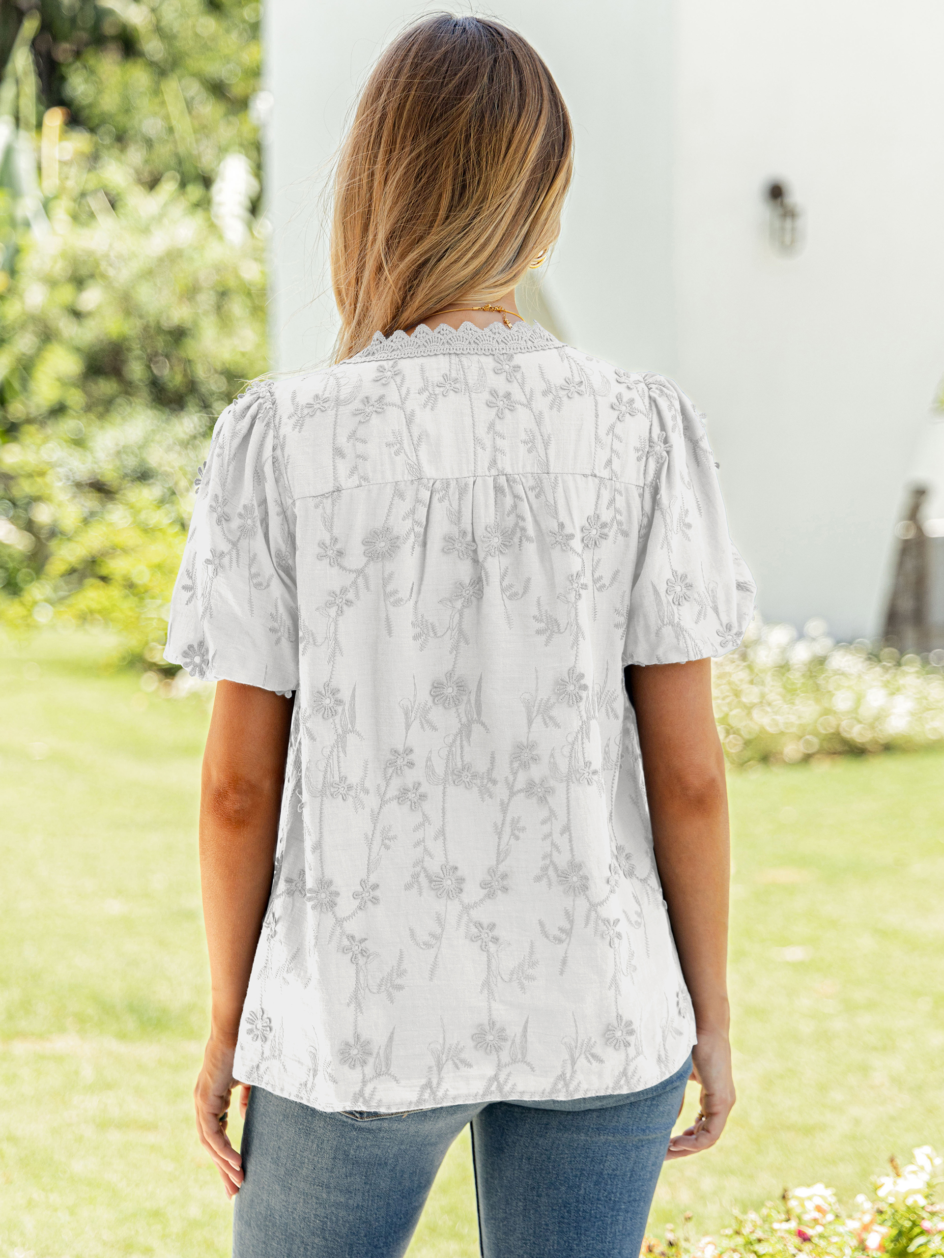 Lace V Neck Floral Embroidery Button Down Top