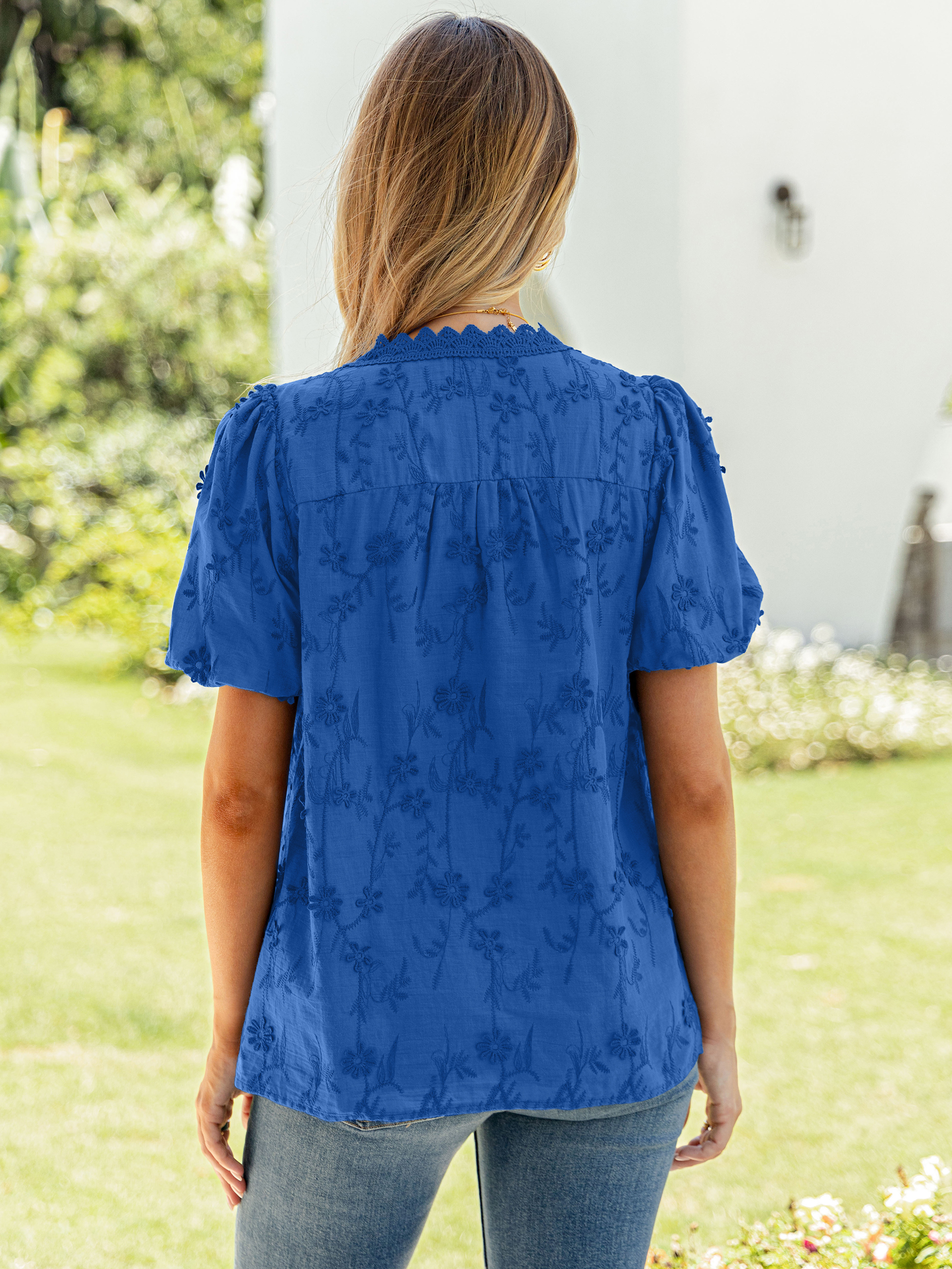 Lace V Neck Floral Embroidery Button Down Top