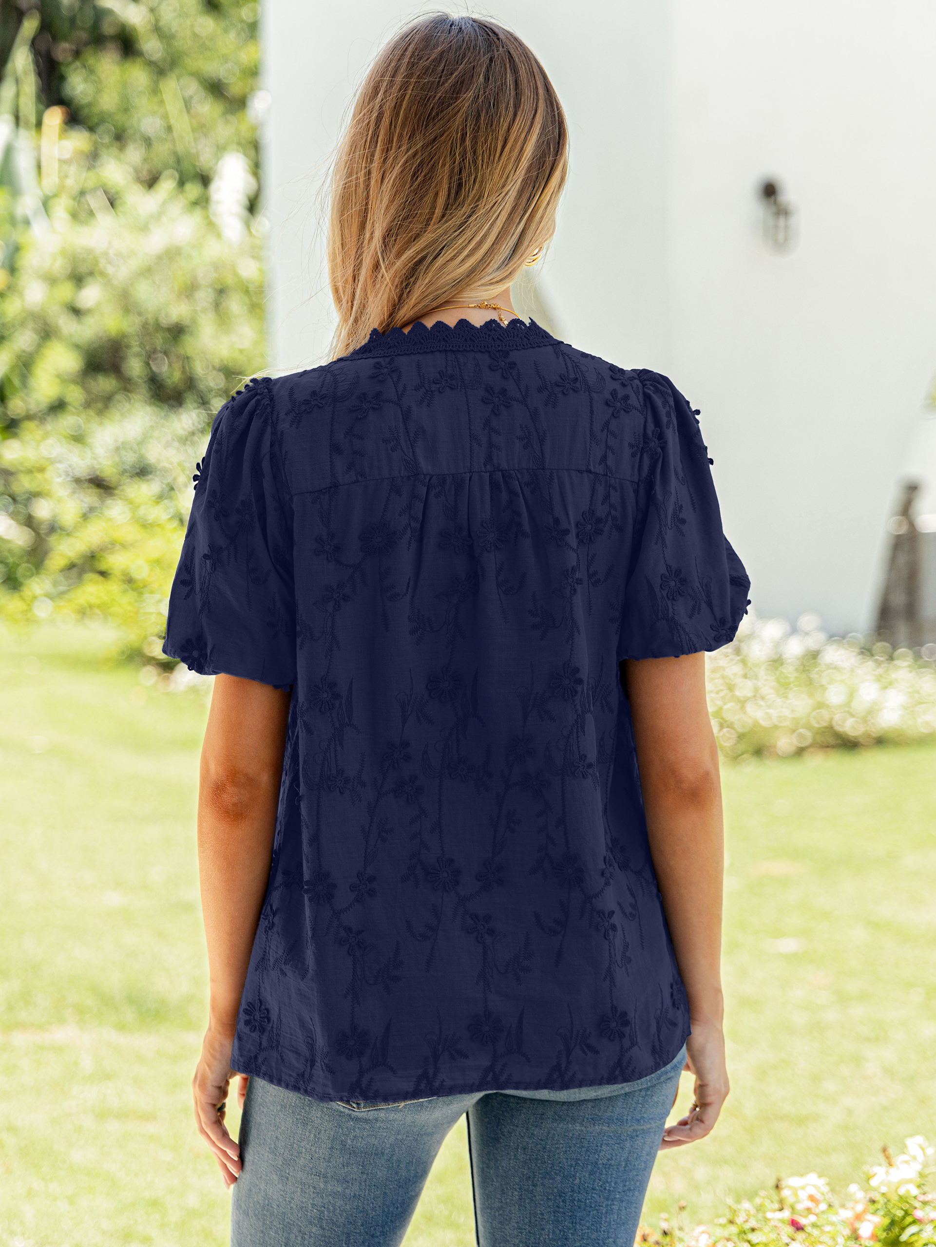 Lace V Neck Floral Embroidery Button Down Top