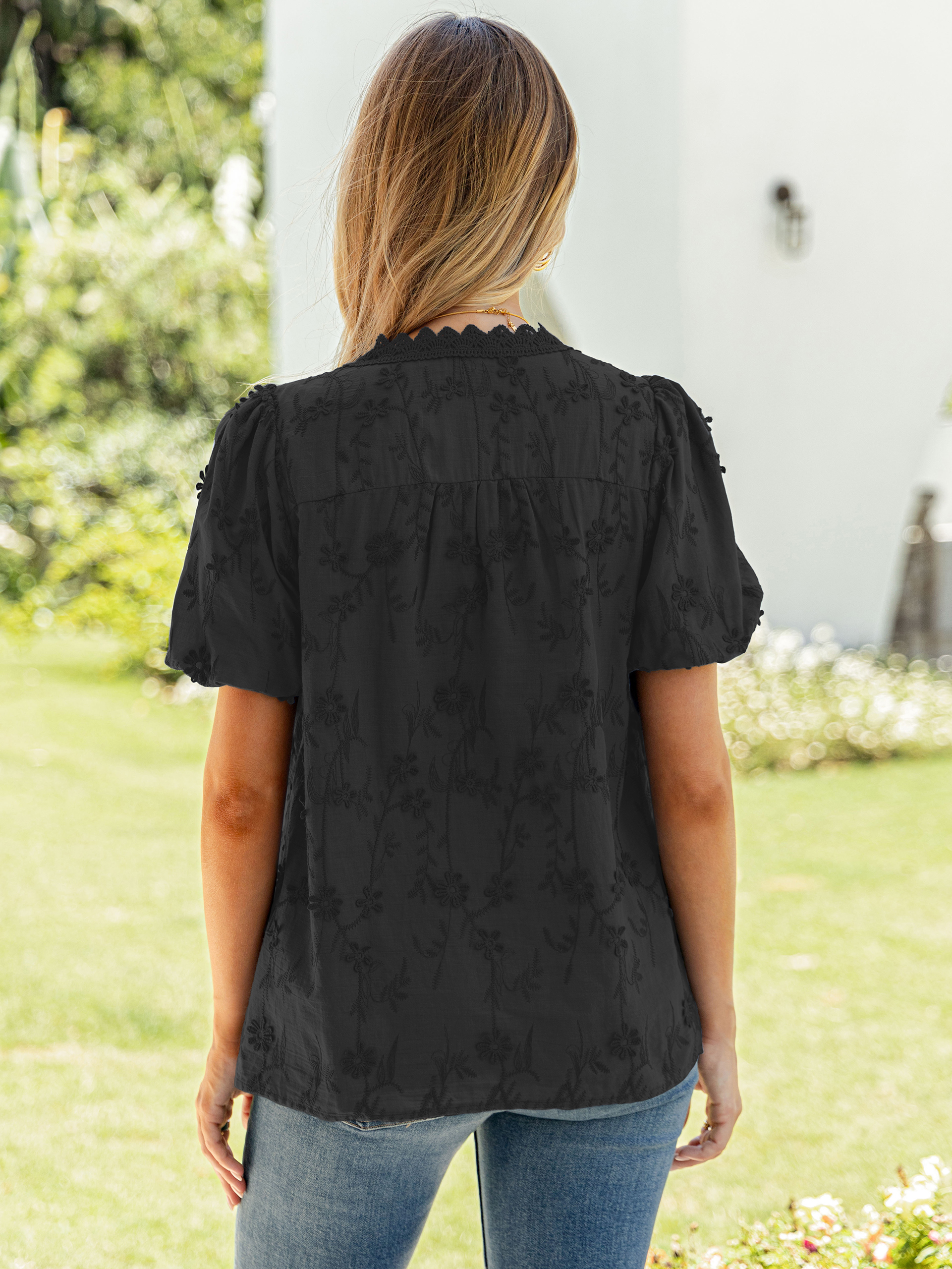 Lace V Neck Floral Embroidery Button Down Top