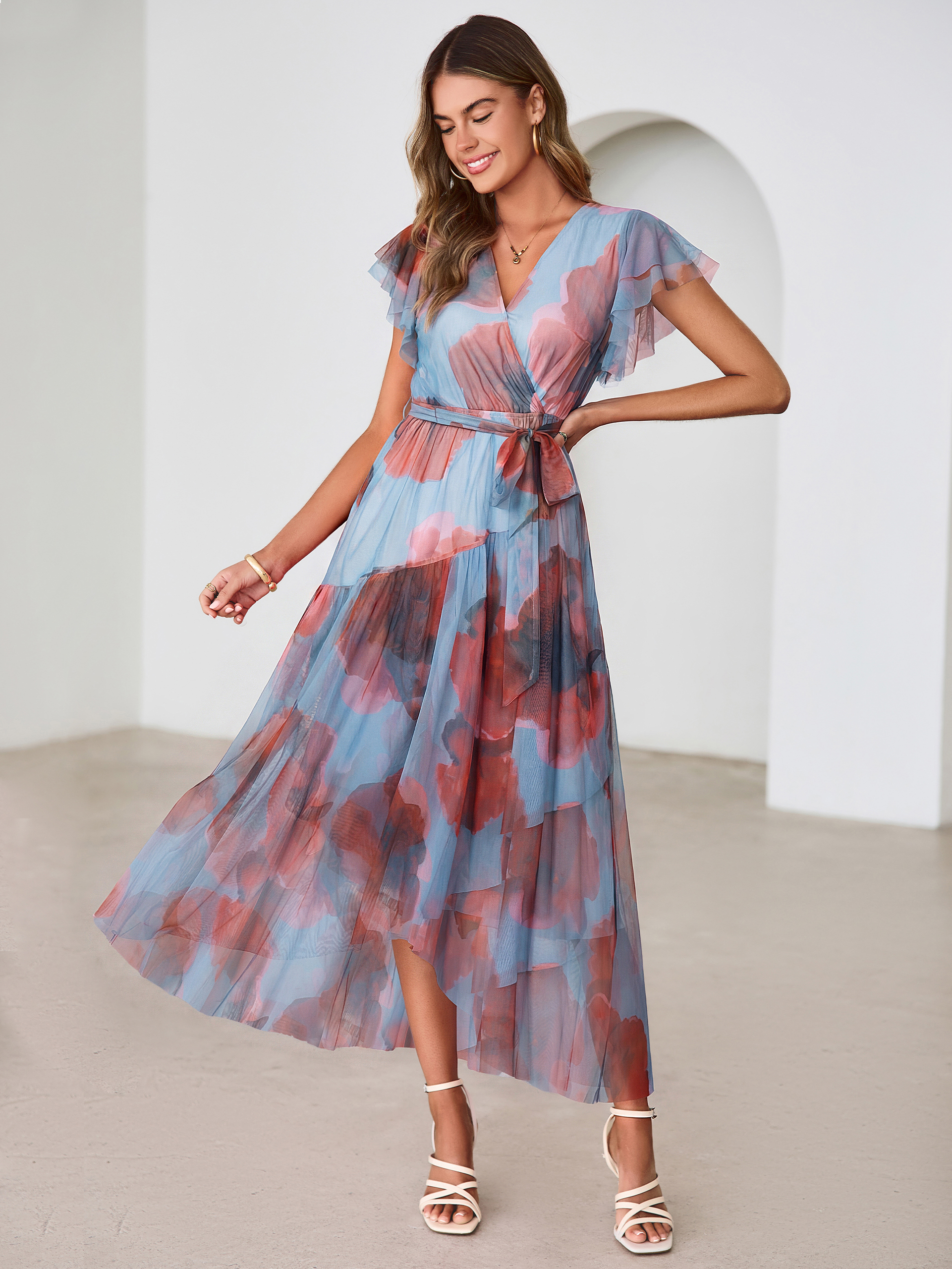 Floral V Neck Flutter Sleeve Flowy Maxi Dress - Blue Red
