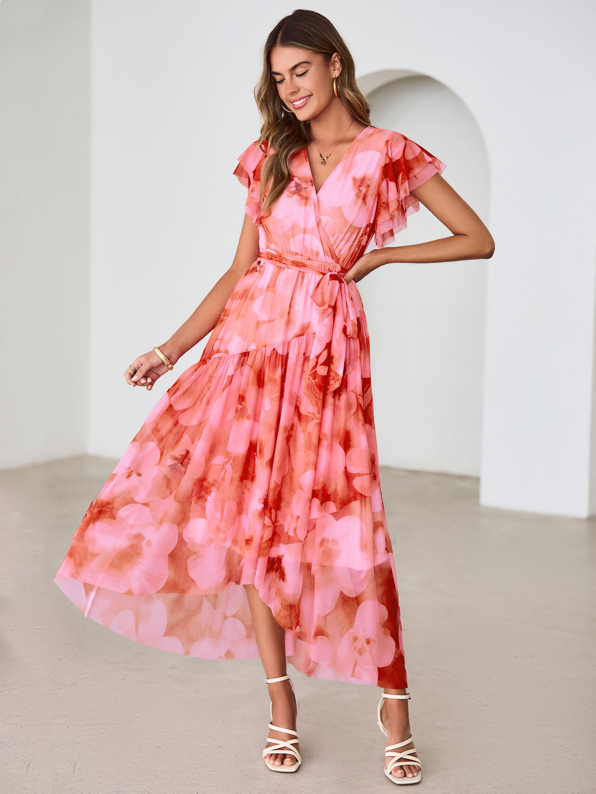 Floral V Neck Flutter Sleeve Flowy Maxi Dress - Orange