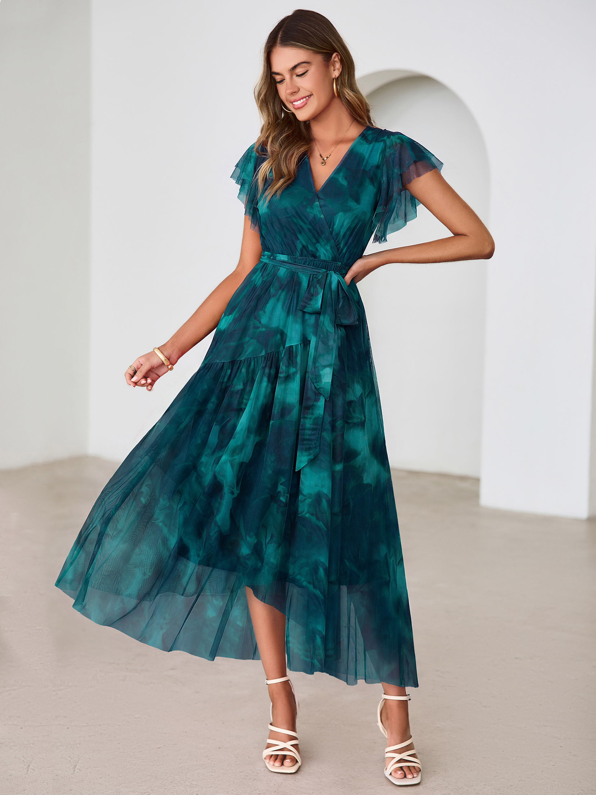 Floral V Neck Flutter Sleeve Flowy Maxi Dress - Blue