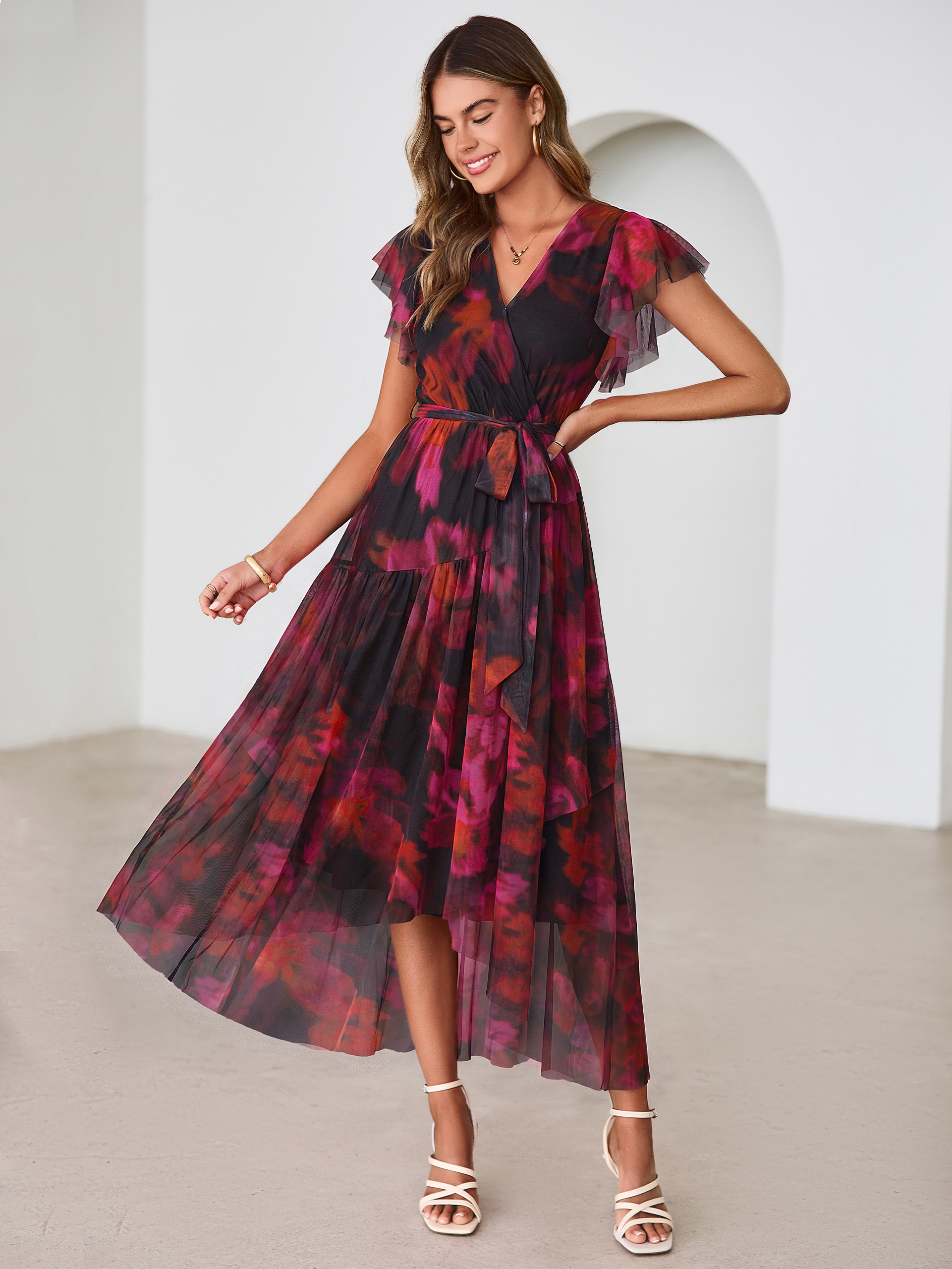 Floral V Neck Flutter Sleeve Flowy Maxi Dress - Black Rose Red