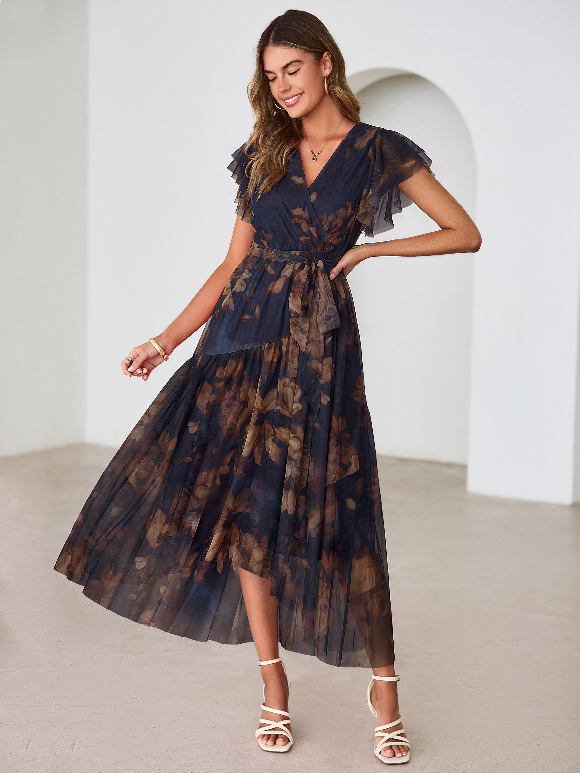Floral V Neck Flutter Sleeve Flowy Maxi Dress - Navy