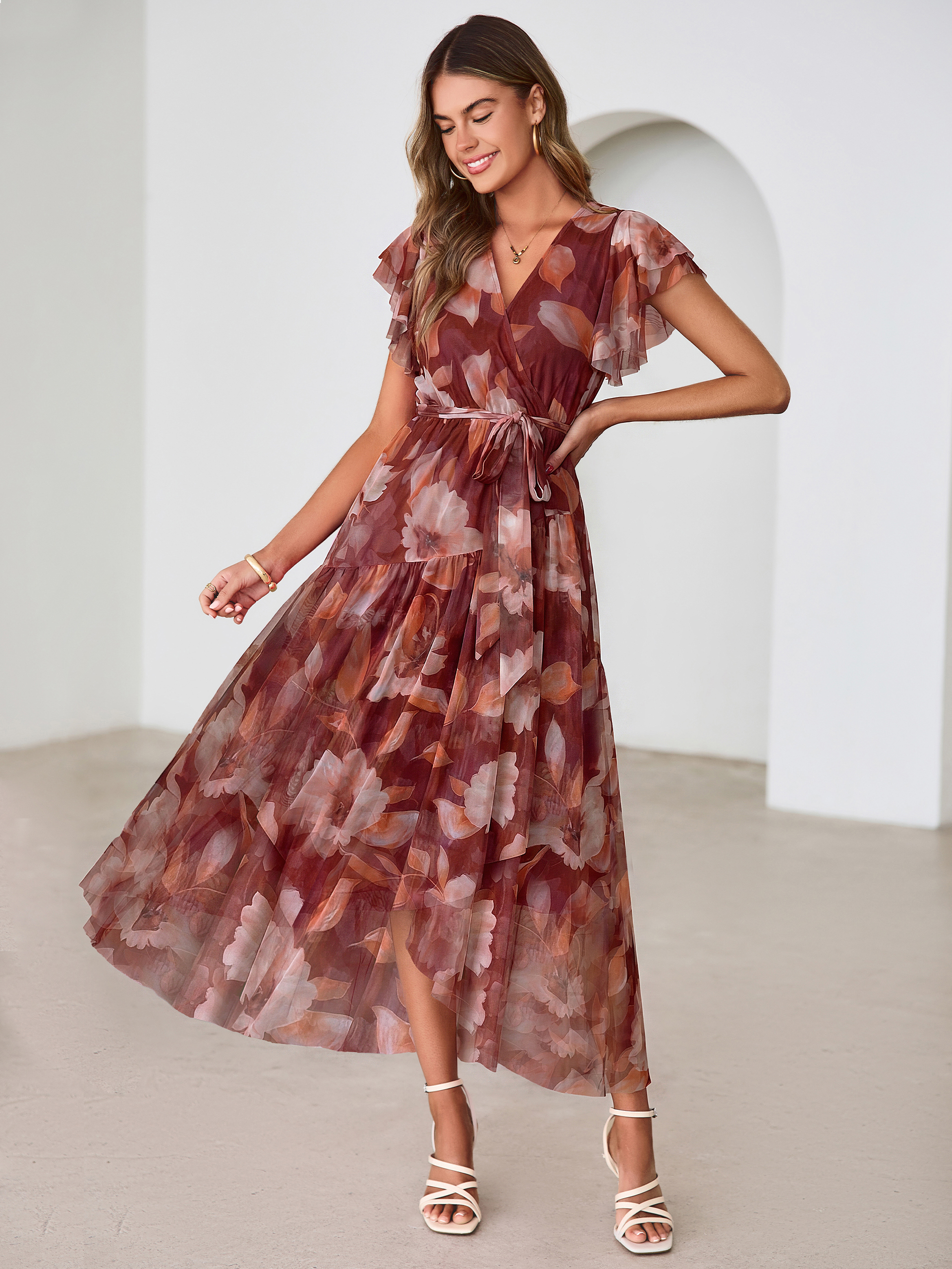 Floral V Neck Flutter Sleeve Flowy Maxi Dress - Red