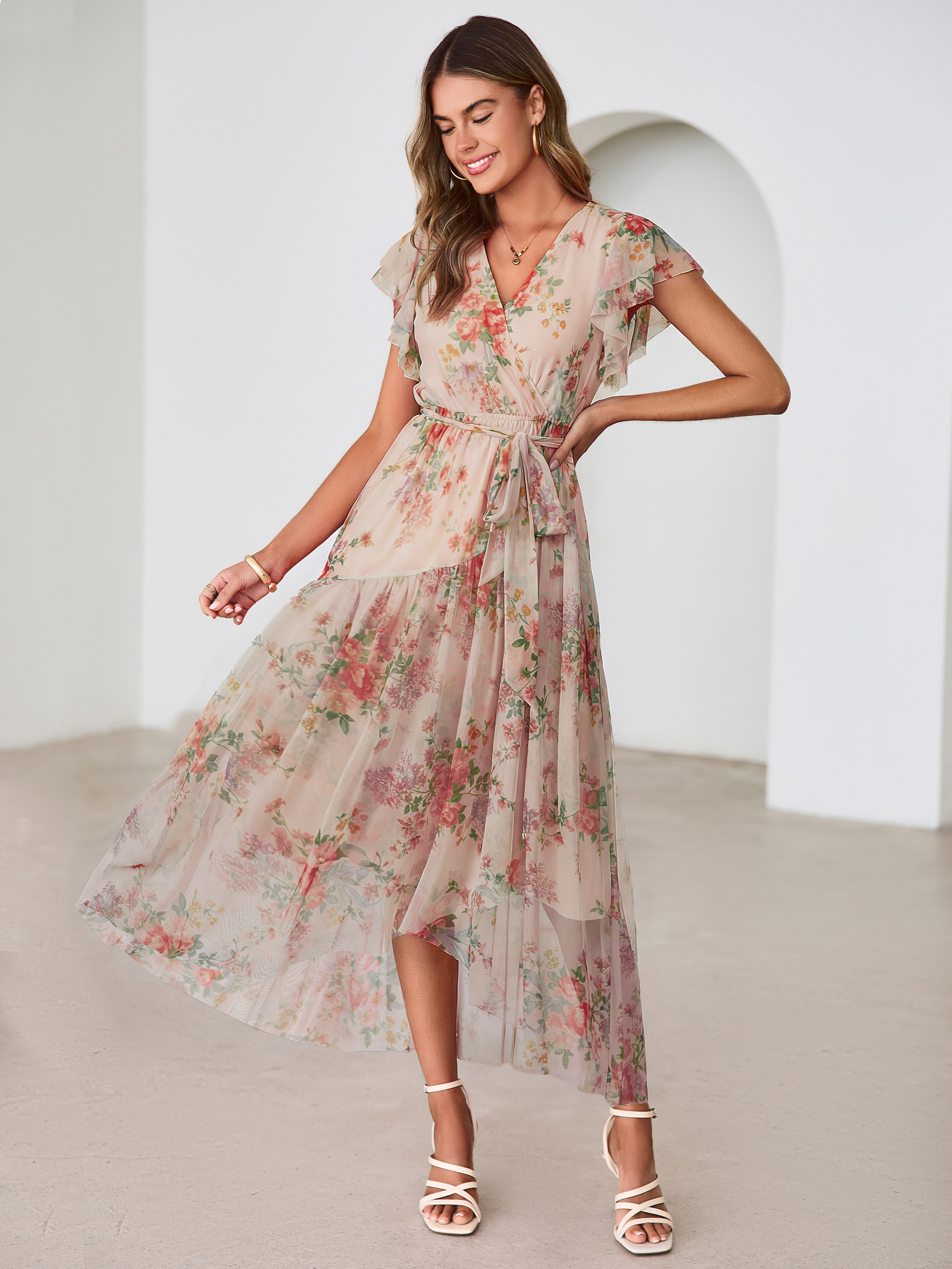 Floral V Neck Flutter Sleeve Flowy Maxi Dress - Apricot