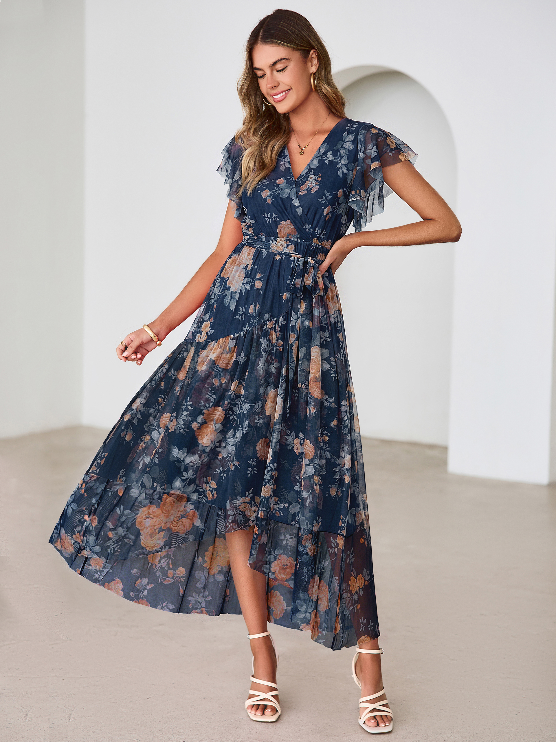 Floral V Neck Flutter Sleeve Flowy Maxi Dress - Ink Blue