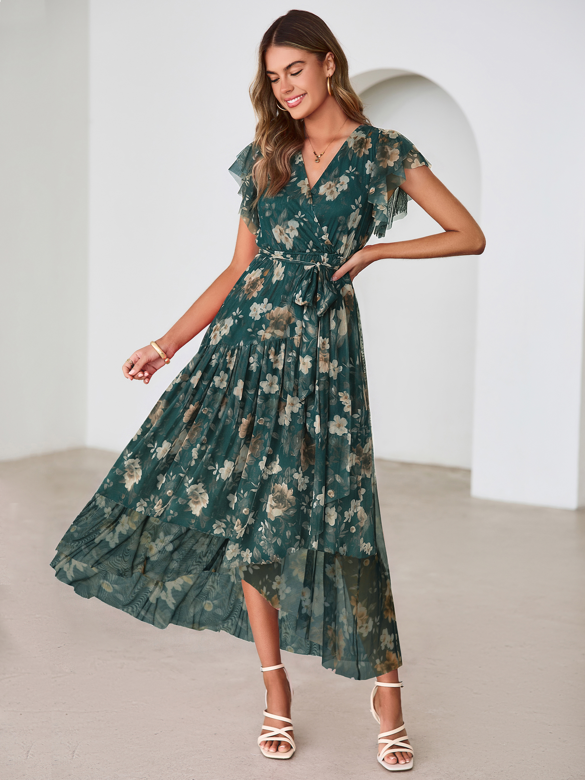 Floral V Neck Flutter Sleeve Flowy Maxi Dress - Dark Green