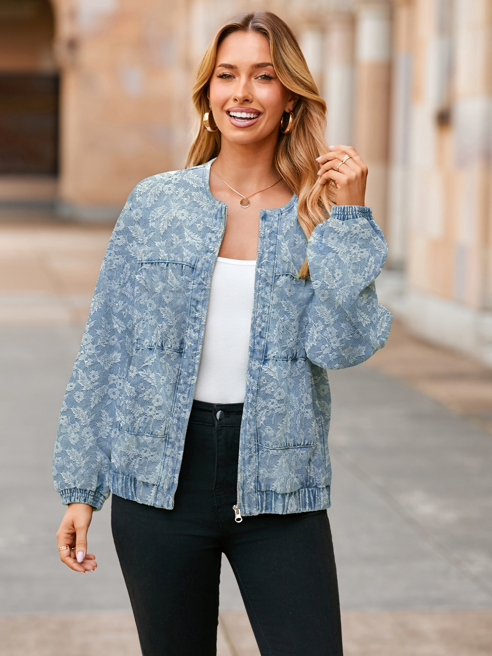 Loose Fit Zip Up Denim Bomber Jacket - Floral Blue
