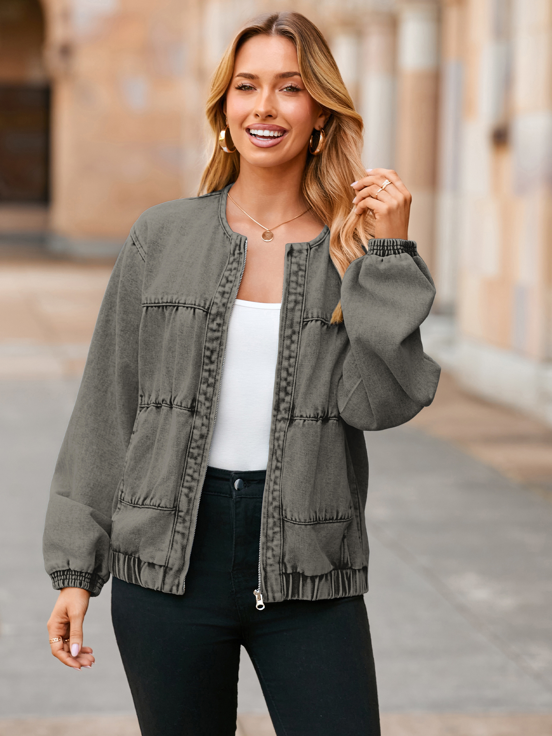 Loose Fit Zip Up Denim Bomber Jacket - Grey