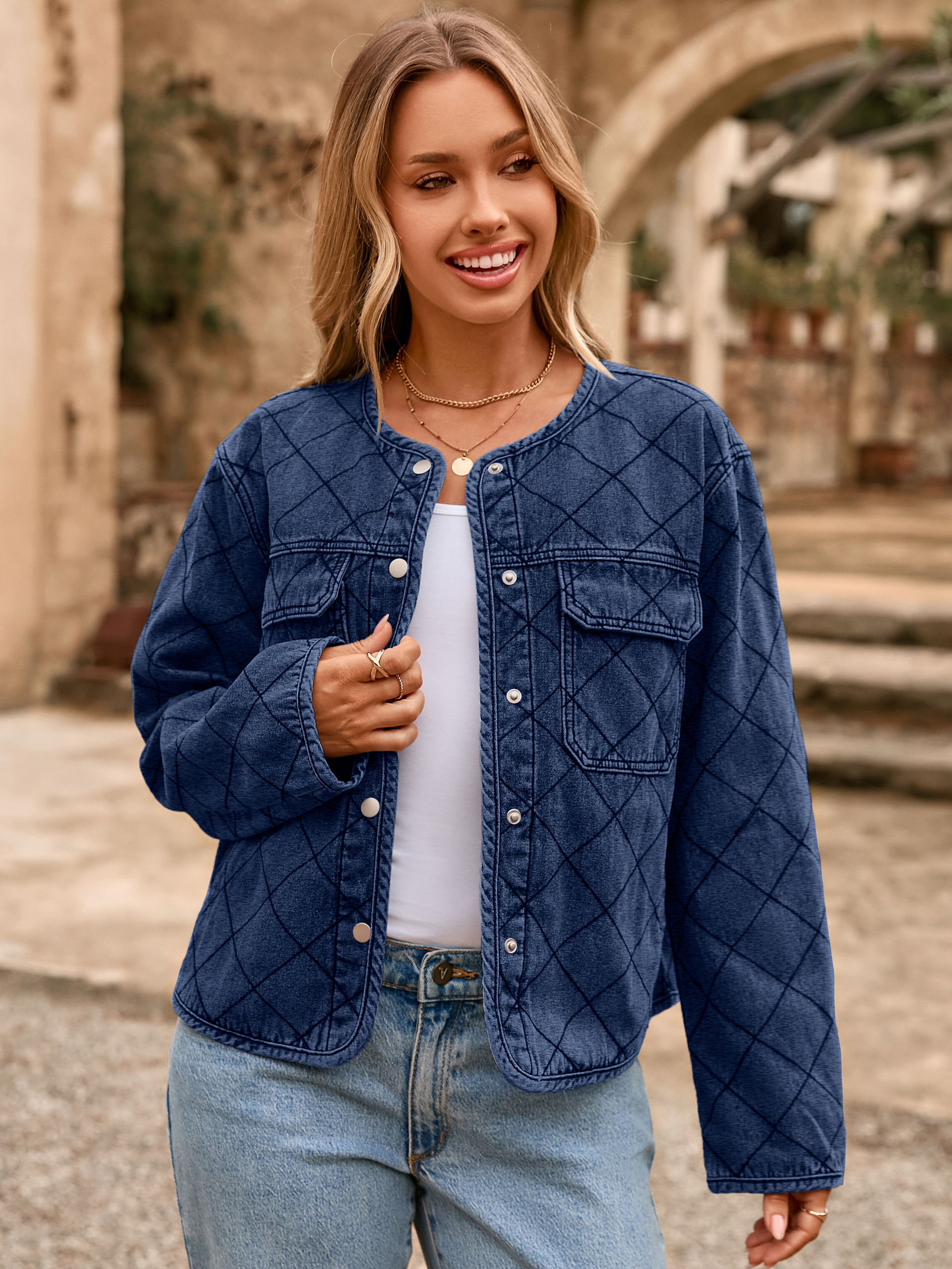 Button Crew Neck Quilted Diamond Denim Jacket