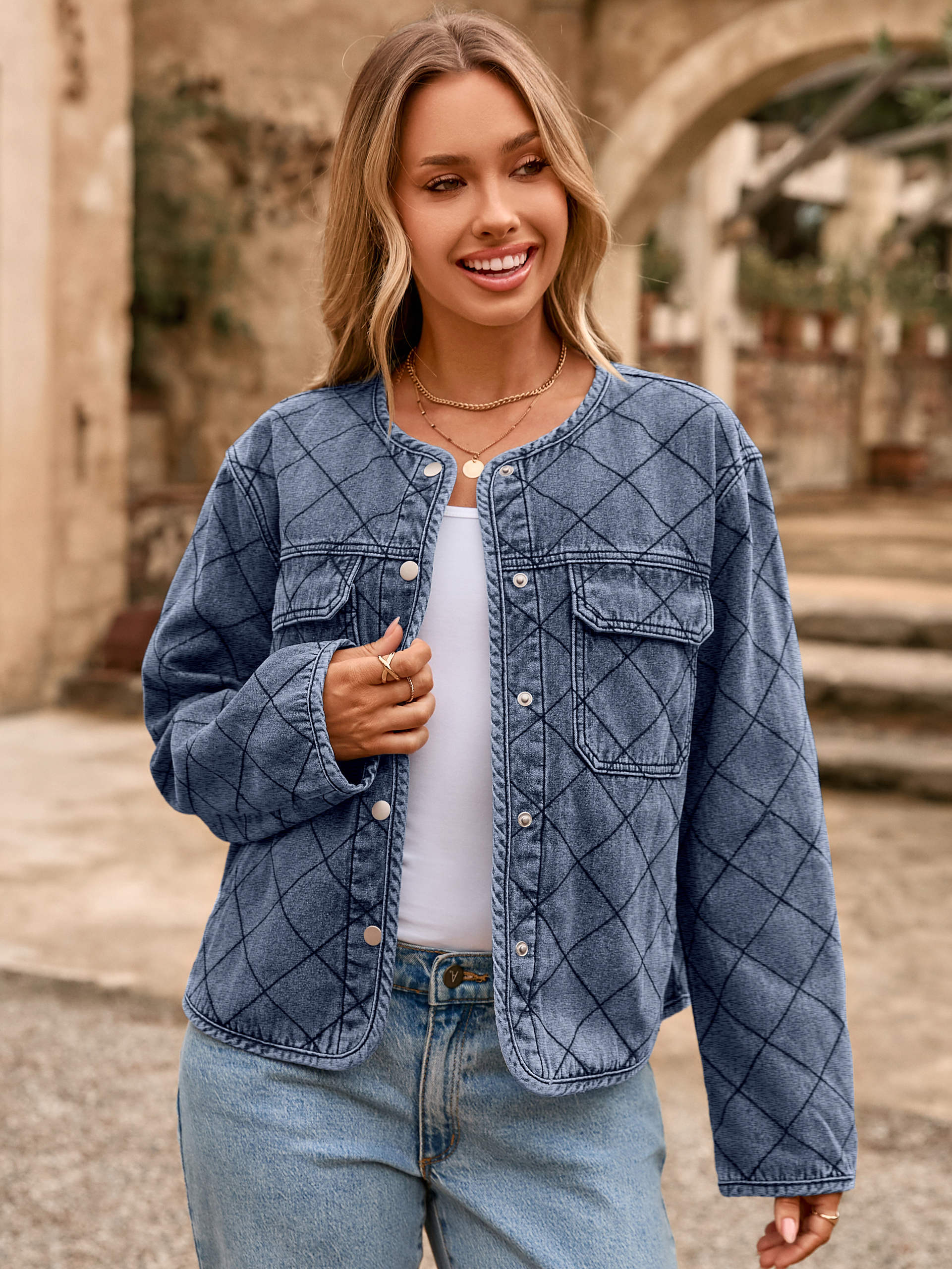 Button Crew Neck Quilted Diamond Denim Jacket