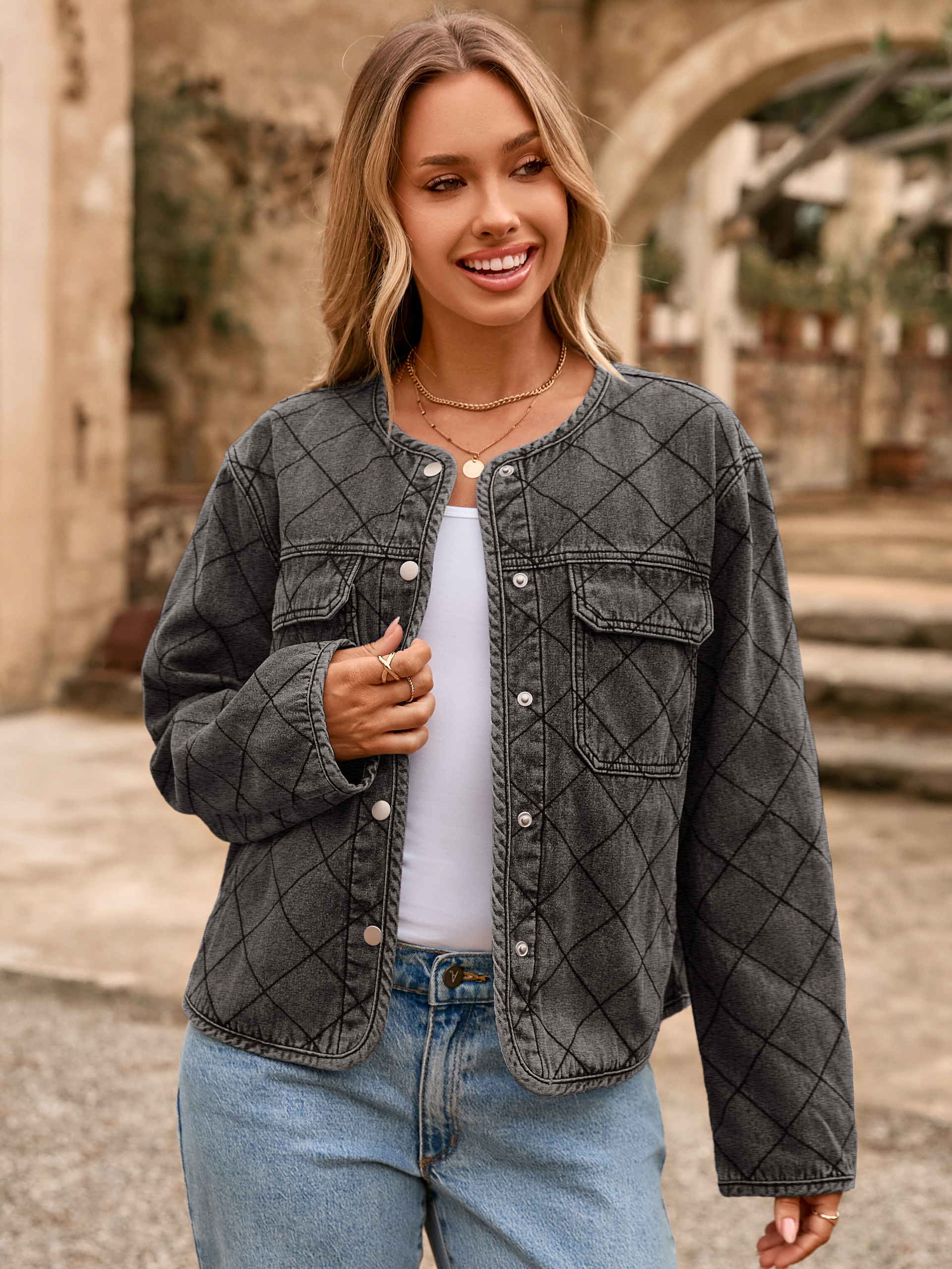 Button Crew Neck Quilted Diamond Denim Jacket