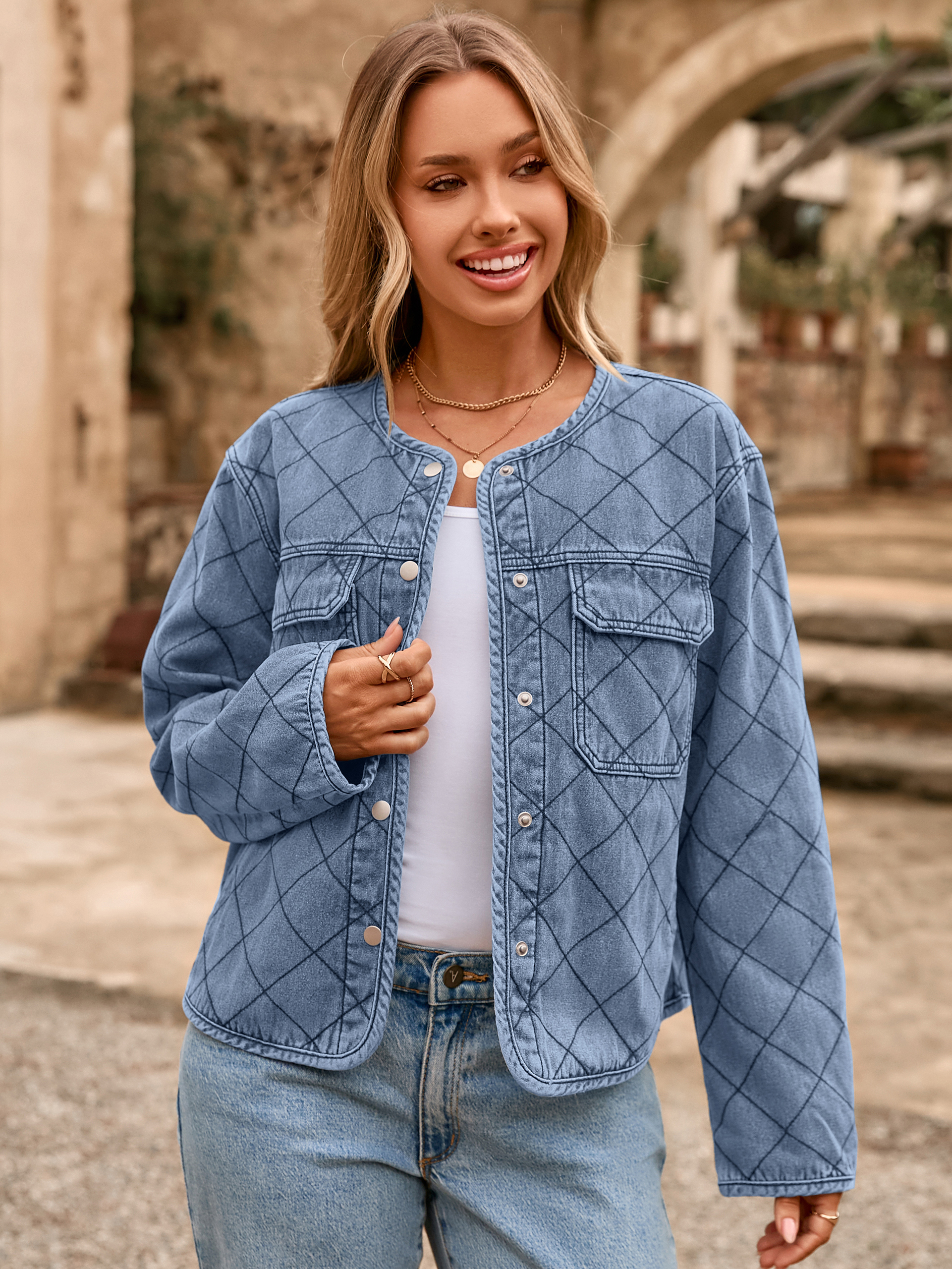 Button Crew Neck Quilted Diamond Denim Jacket