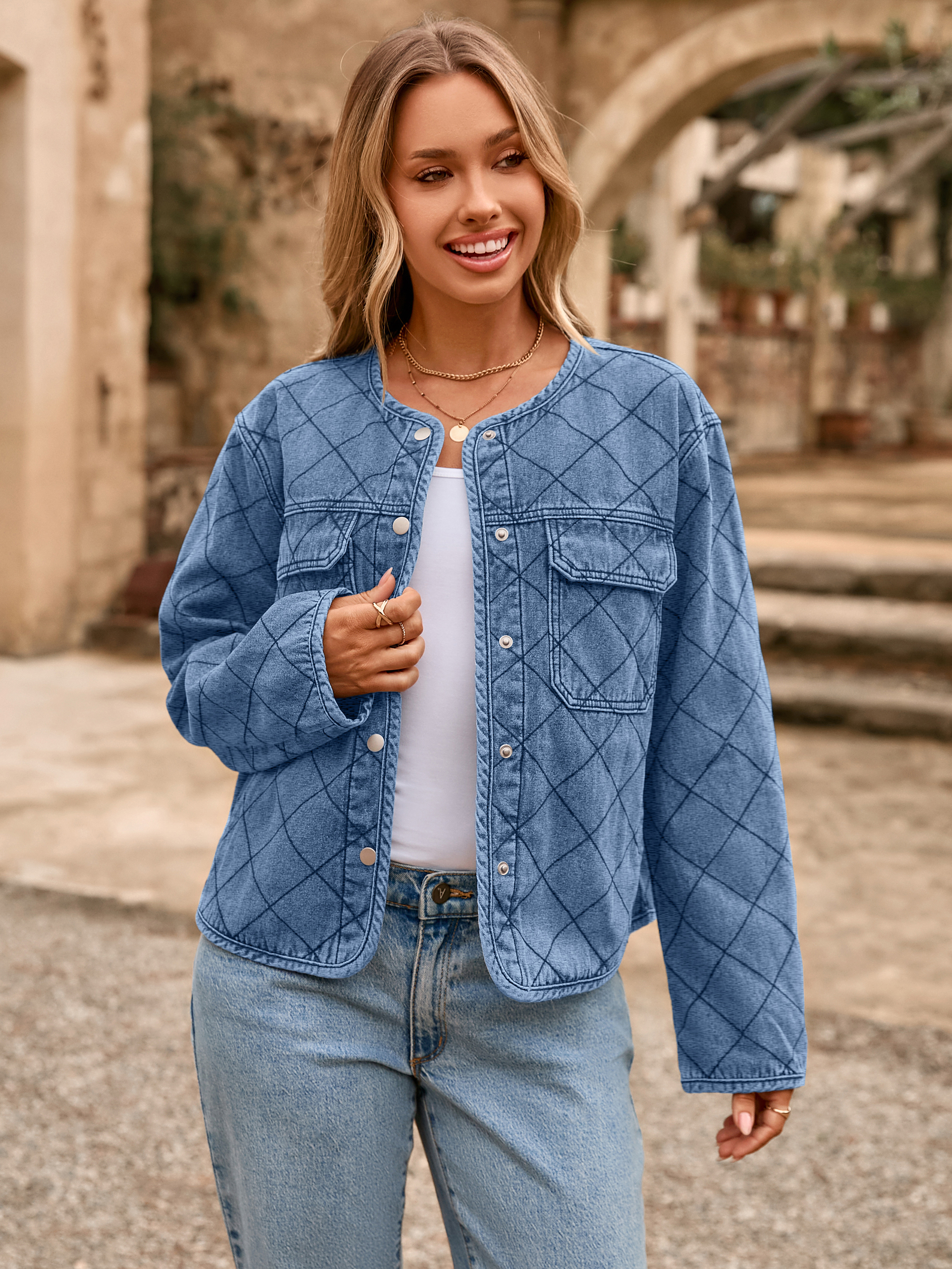 Button Crew Neck Quilted Diamond Denim Jacket