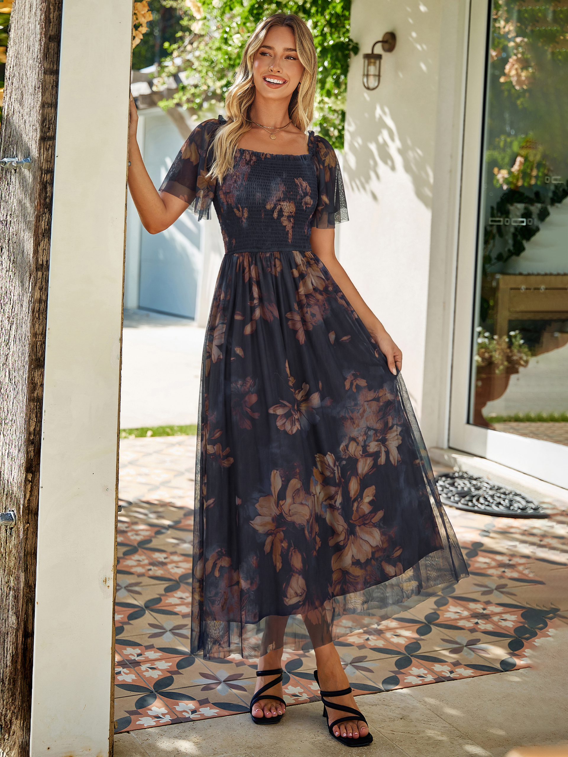 Floral Square Neck Smocked Flutter Sleeve Maxi Dress