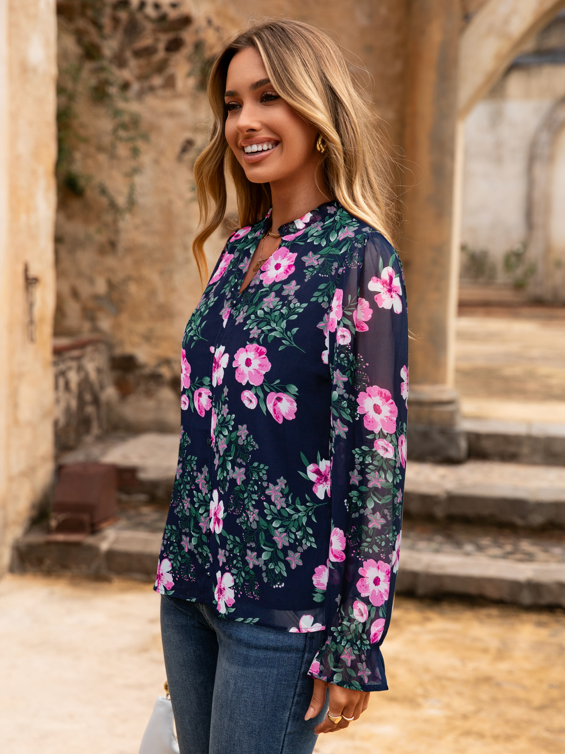 Floral V Neck Puff Sleeve Chiffon Blouse