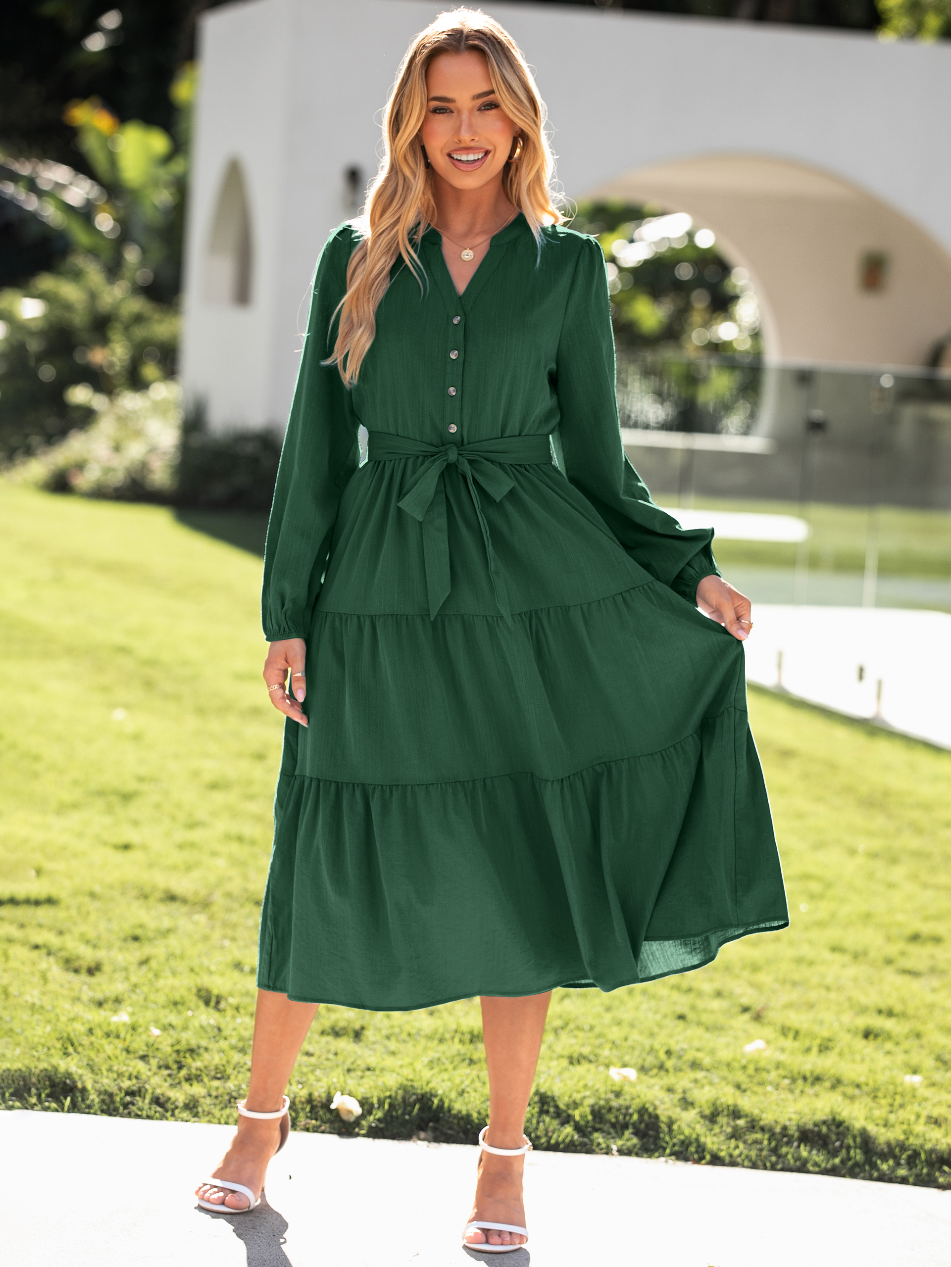 Button Down Tie Waist Long Sleeve Midi Dress - Dark Green